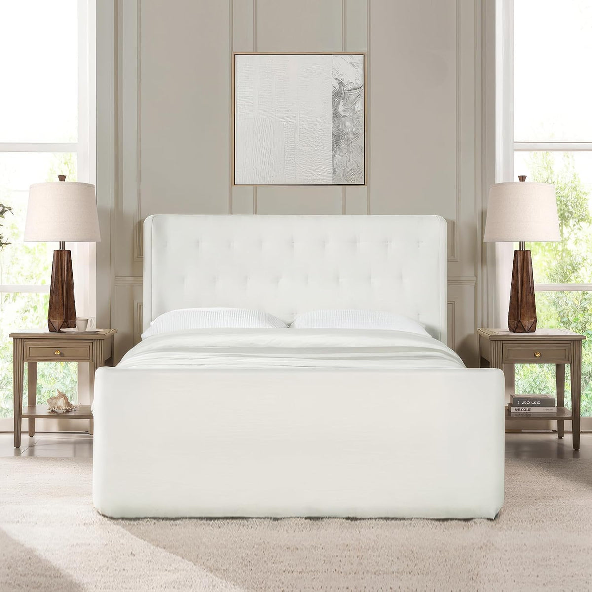 Pair of resin wood-grain table lamps with linen shades on bedside tables flanking a bed