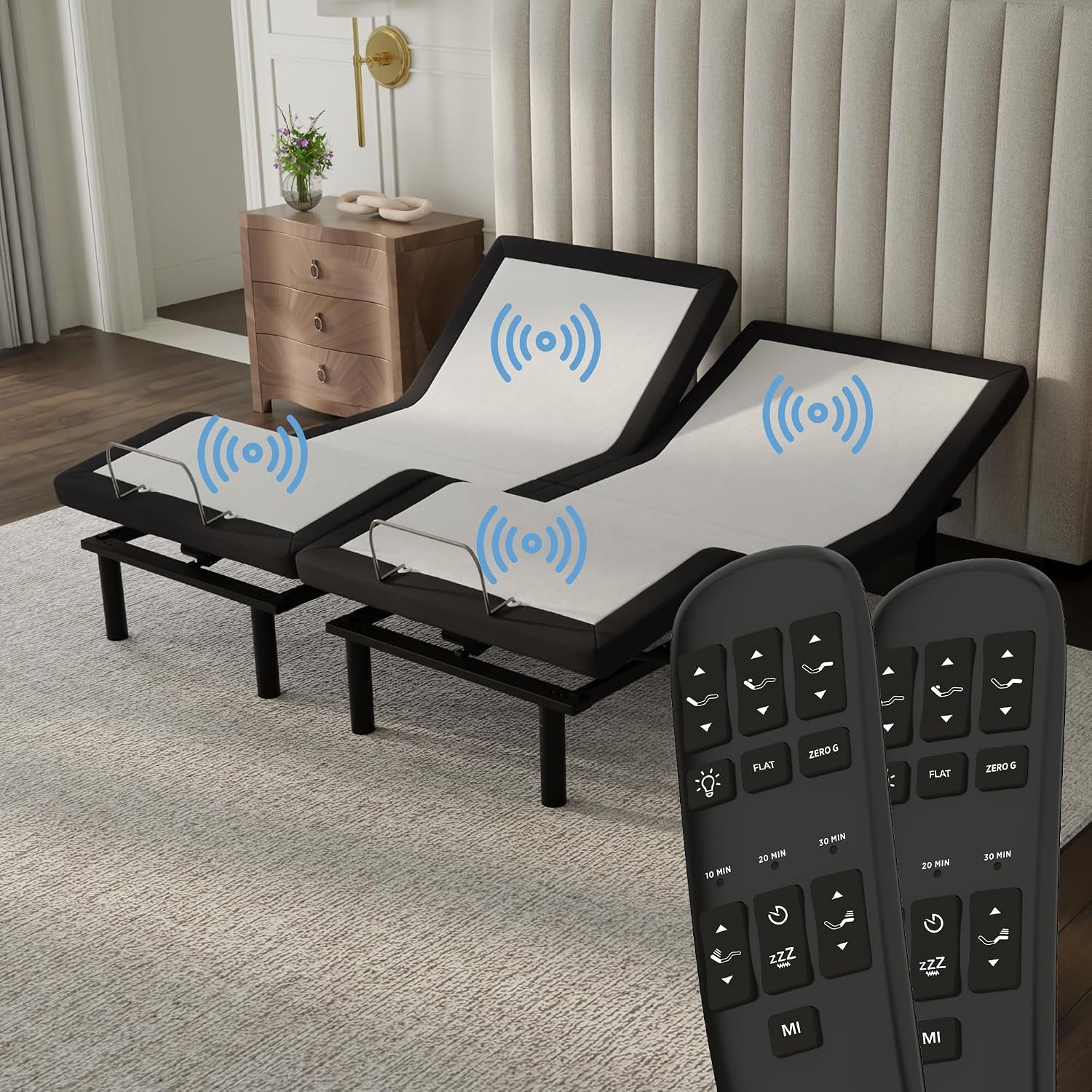 Two split adjustable bed bases side-by-side with wireless signal icons and two handheld wireless remotes in foreground