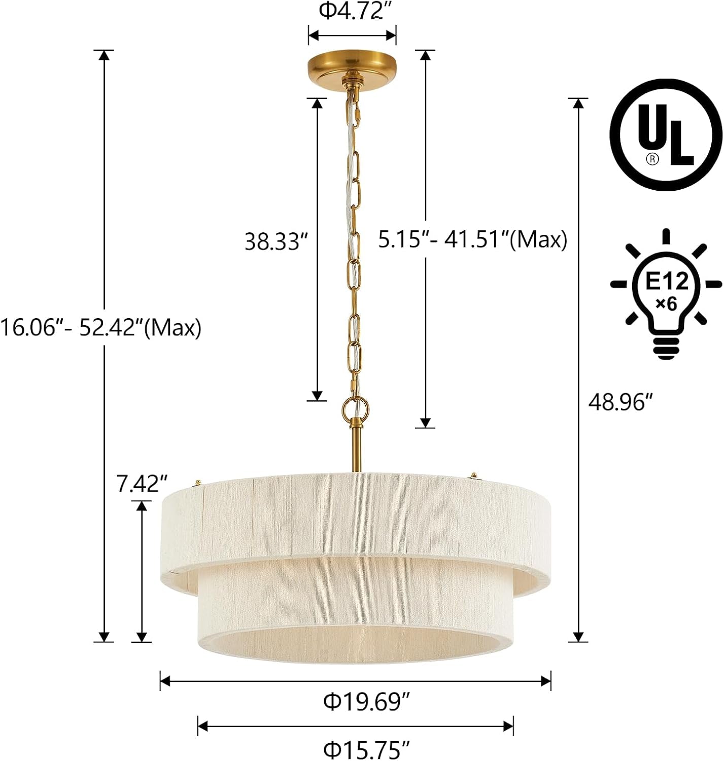 Technical diagram showing chandelier dimensions, canopy size, adjustable cord length, and six E12 sockets