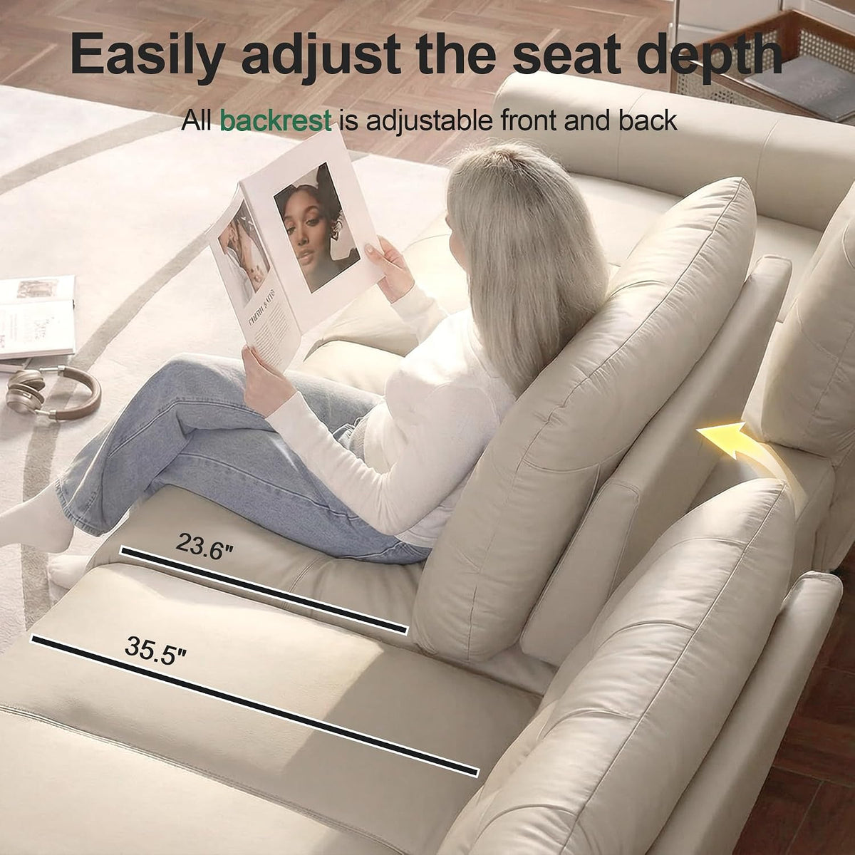 Side-angle view showing adjustable backrest with a person seated and arrows indicating front/back adjustment
