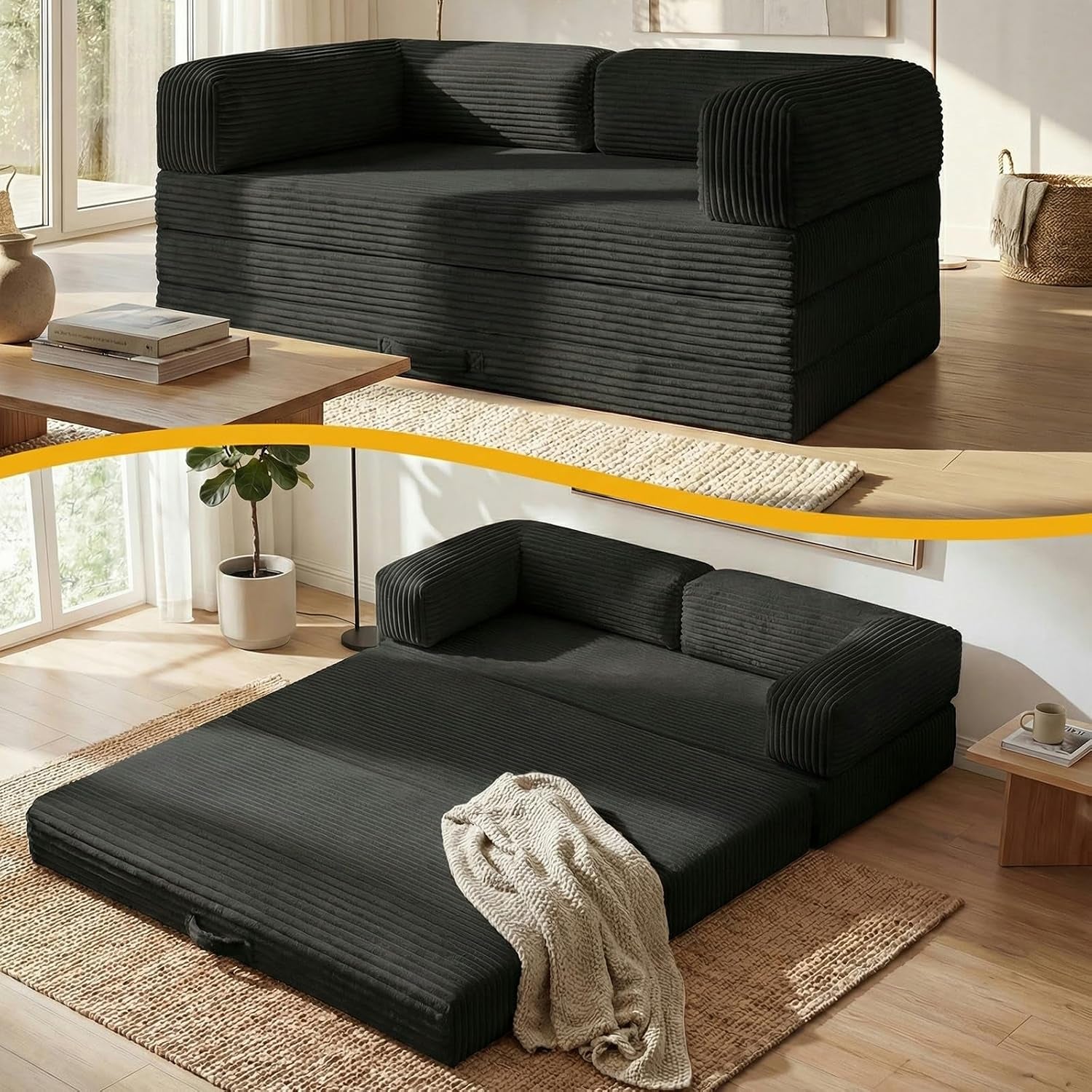 Futon fully unfolded into a low queen-size bed on a woven rug with a textured throw draped on one corner.