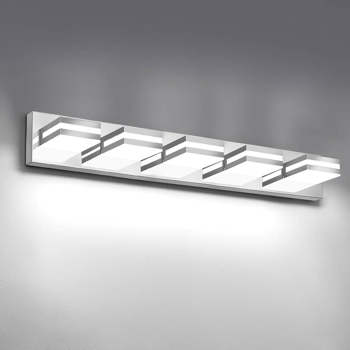 Long white LED vanity light with five square illuminated modules mounted on a wall.