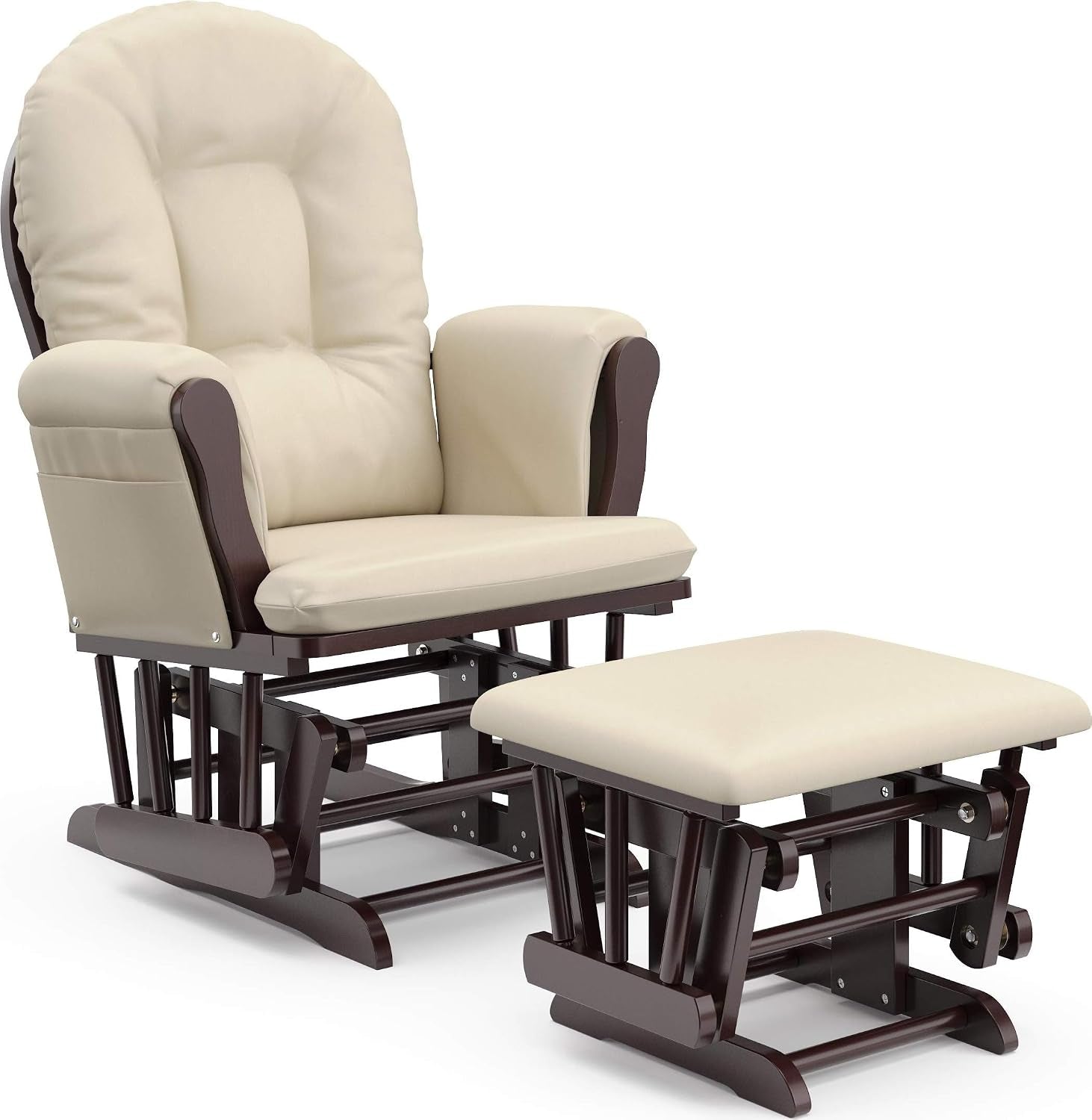 Cream upholstered glider chair with matching ottoman and dark brown wooden frame