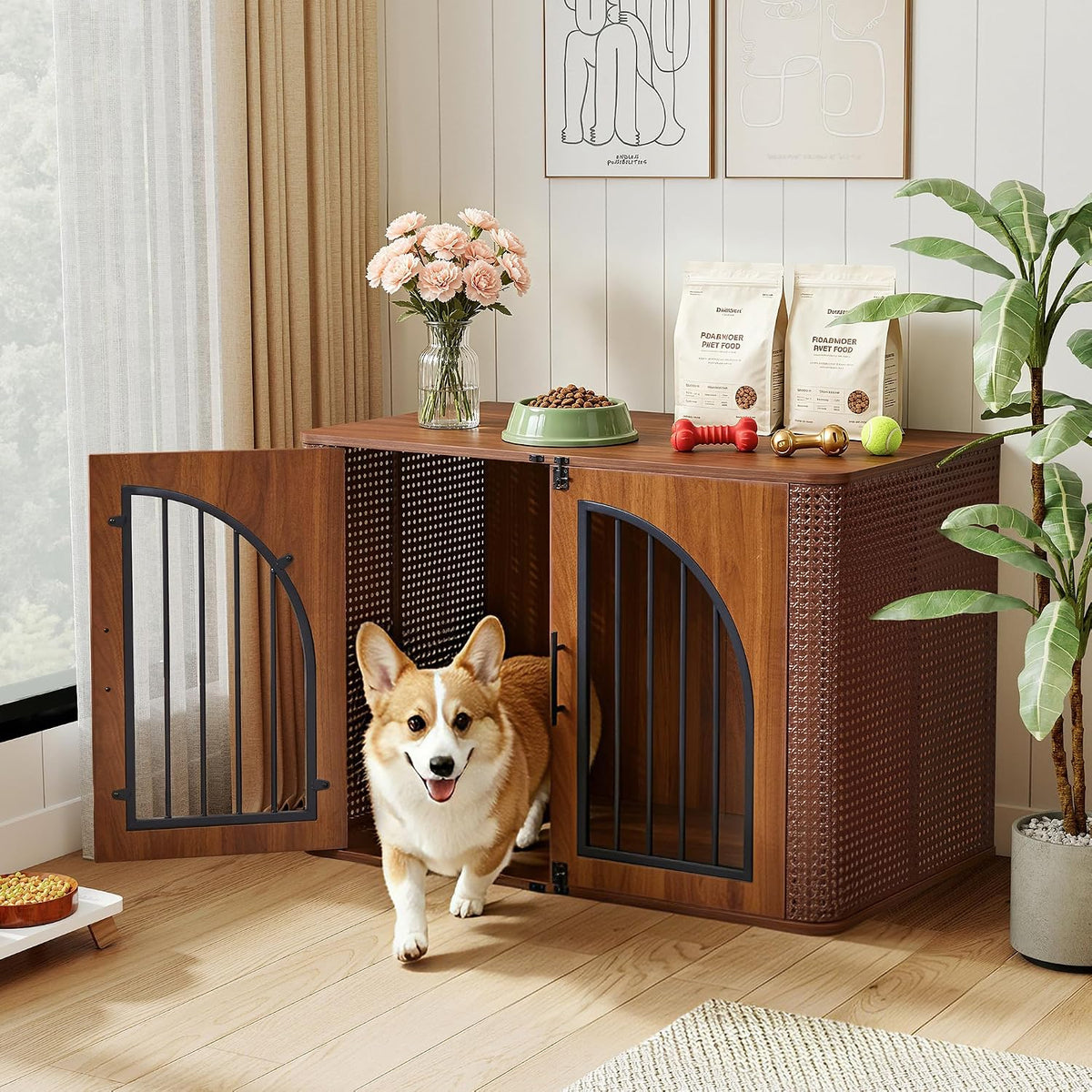 Walnut furniture-style dog crate with black metal-bar doors and a corgi exiting in a living room