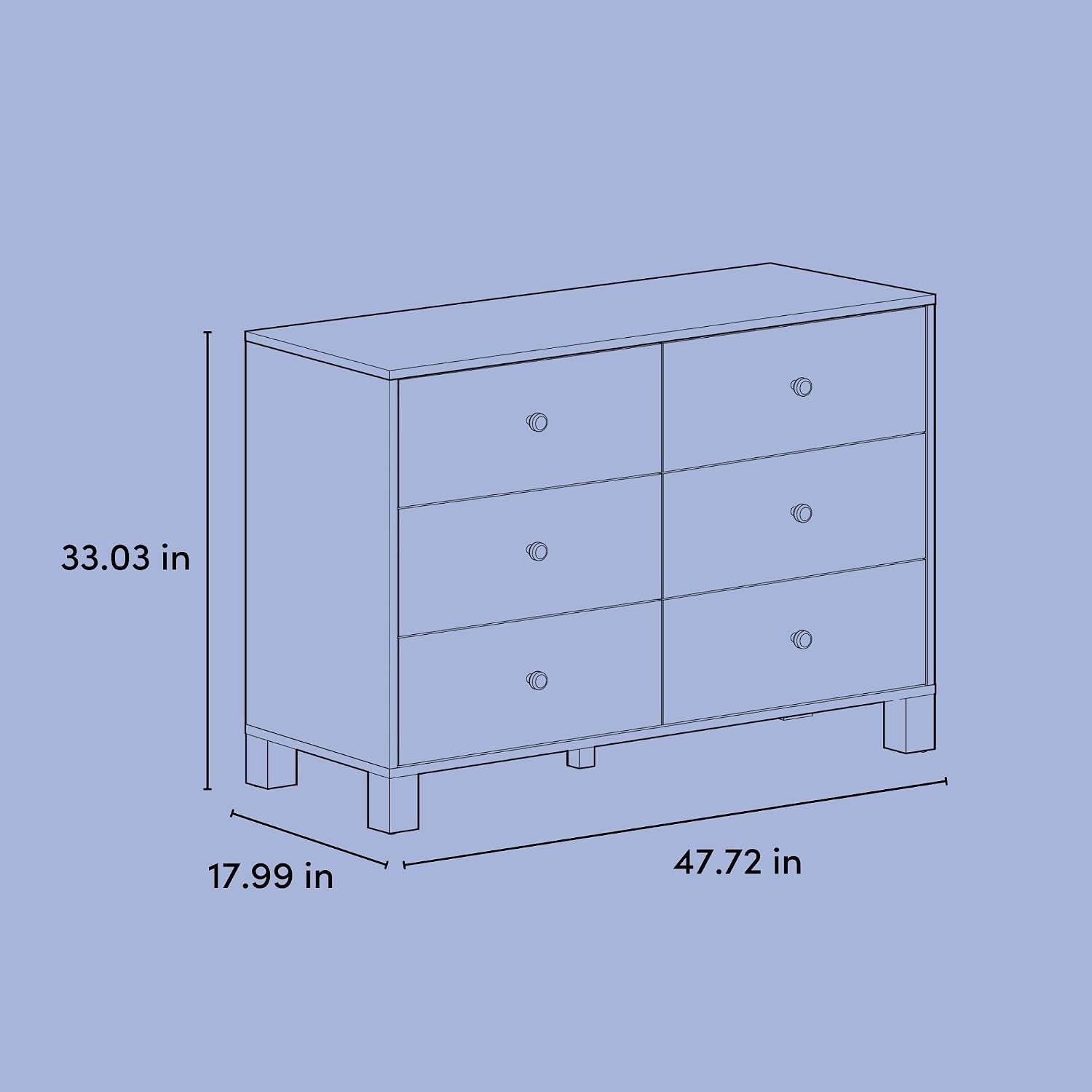Line drawing of the dresser showing its overall shape with labeled width, depth and height arrows.