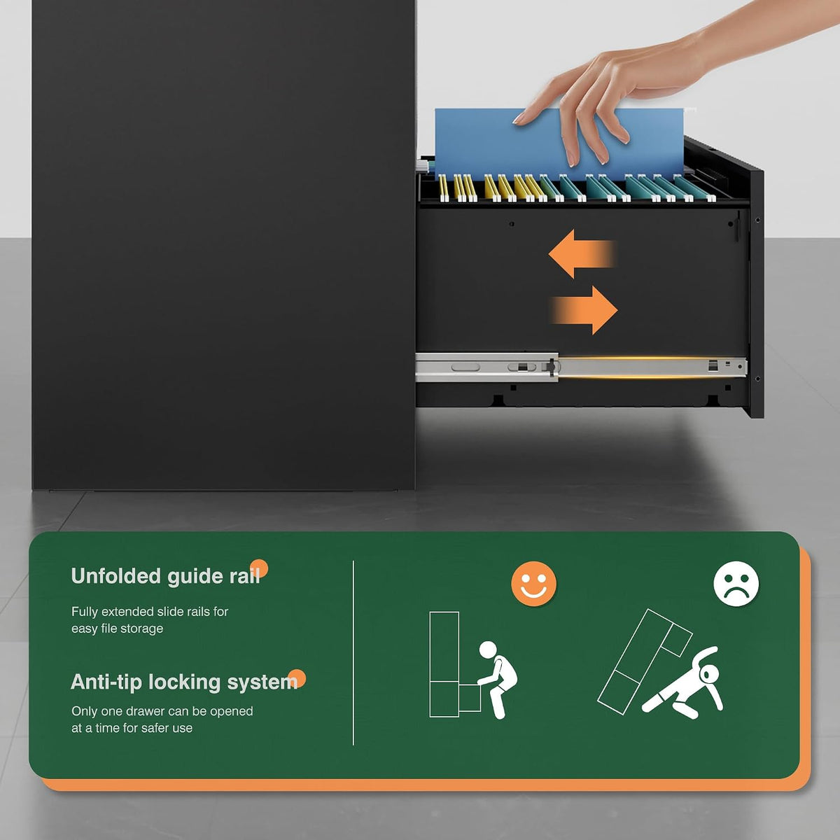 Side view of a fully extended bottom drawer with hanging files, visible metal slide rail and safety/anti-tip icons below