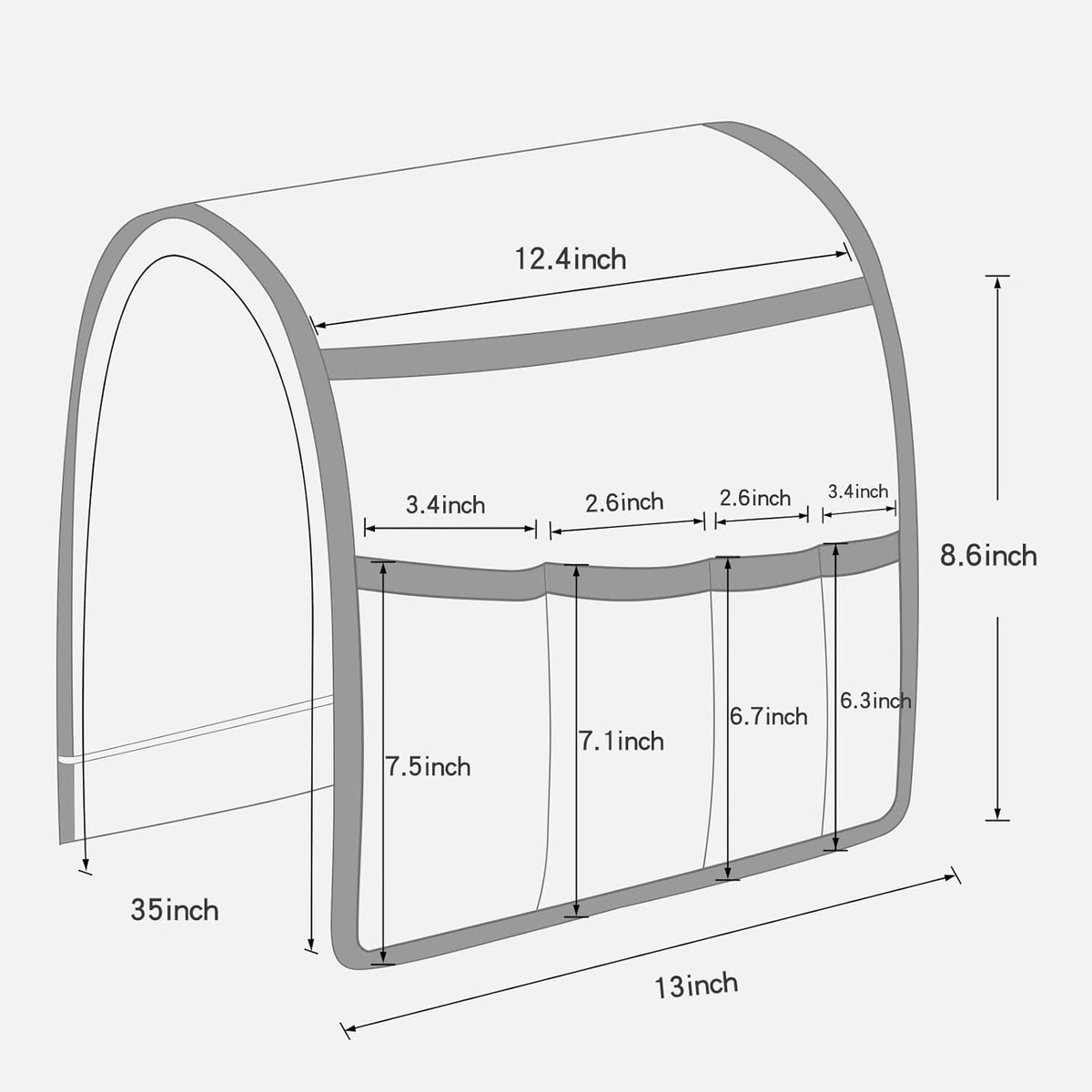 Line-drawn diagram of the caddy showing pocket and overall dimensions from an angled front view.