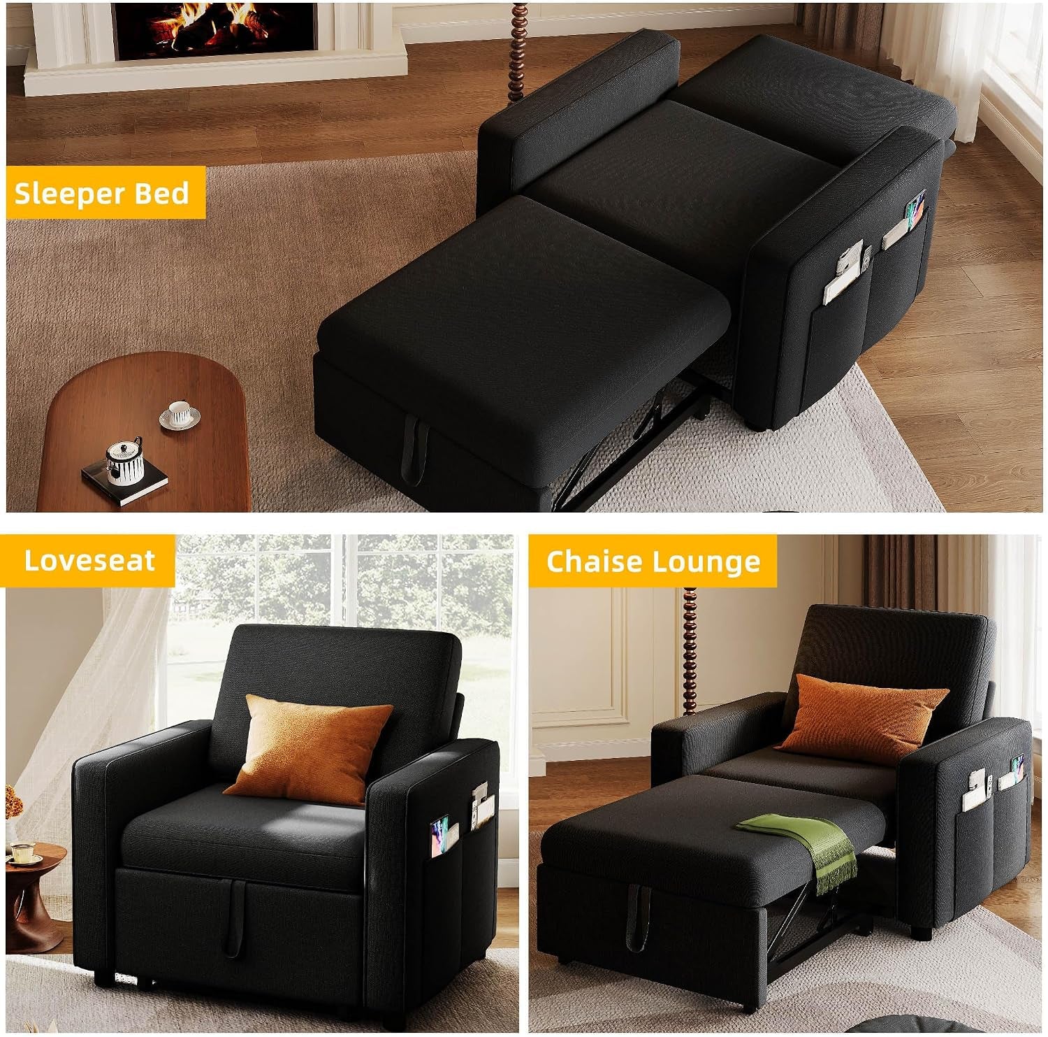 Top-down view of the black chair pulled fully into a sleeper on a rug in a living room