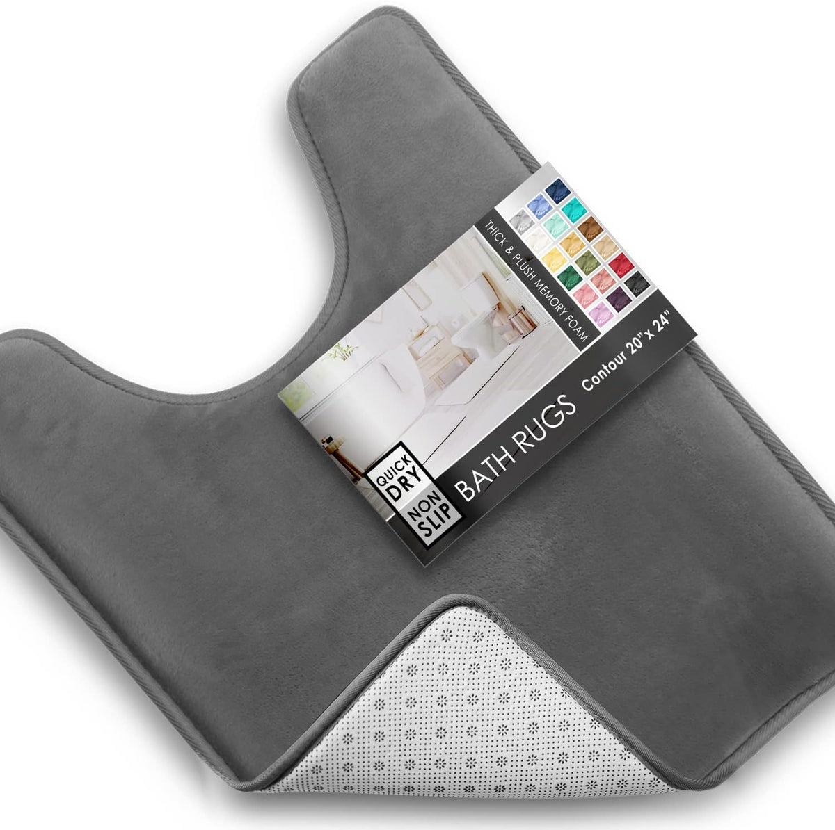 Overhead view of a gray U-shaped contour rug with a corner peeled to show white dotted non-slip underside and packaging