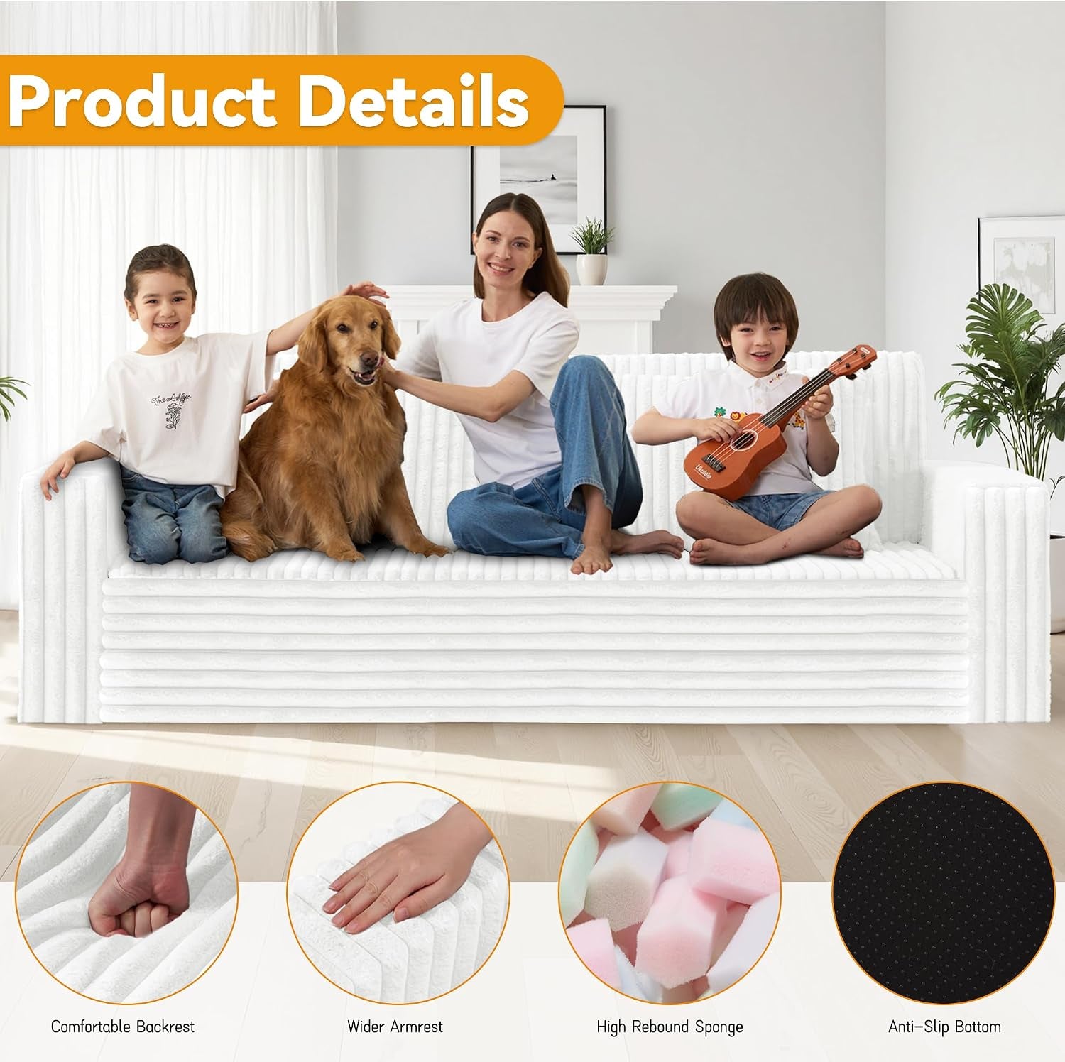 Family and dog sitting on the plush white convertible sofa with icons highlighting product details