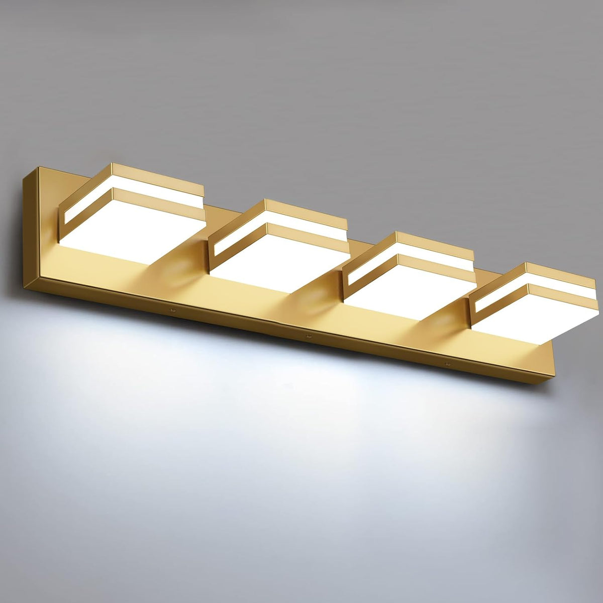 Close angled view of the same five-light vanity bar in a warm gold finish
