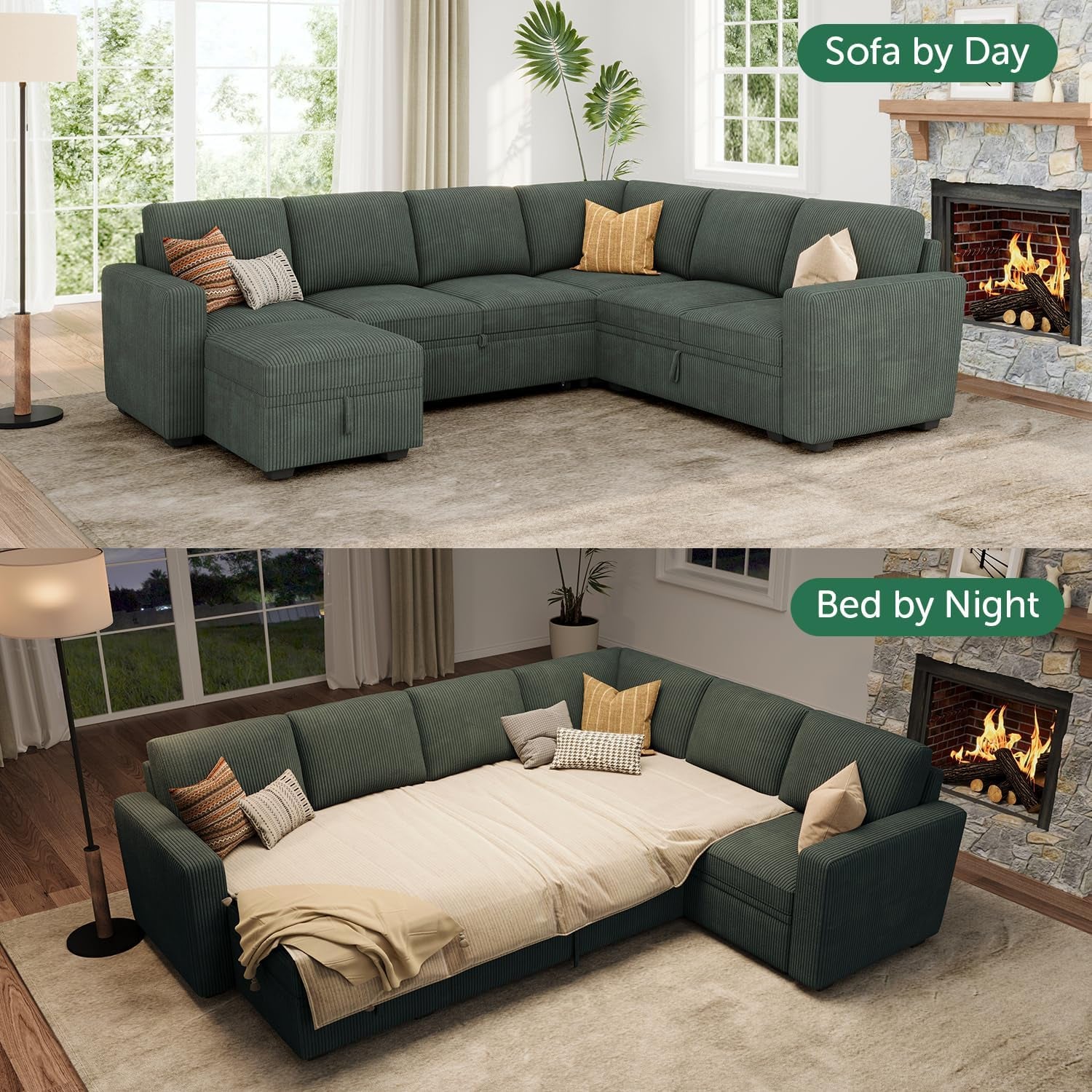 Modular Sectional Sleeper Sofa with Pull Out Bed, Corduroy Couch with Storage Seats Ottoman, U Shaped Sectional Couches for Living Room, Green