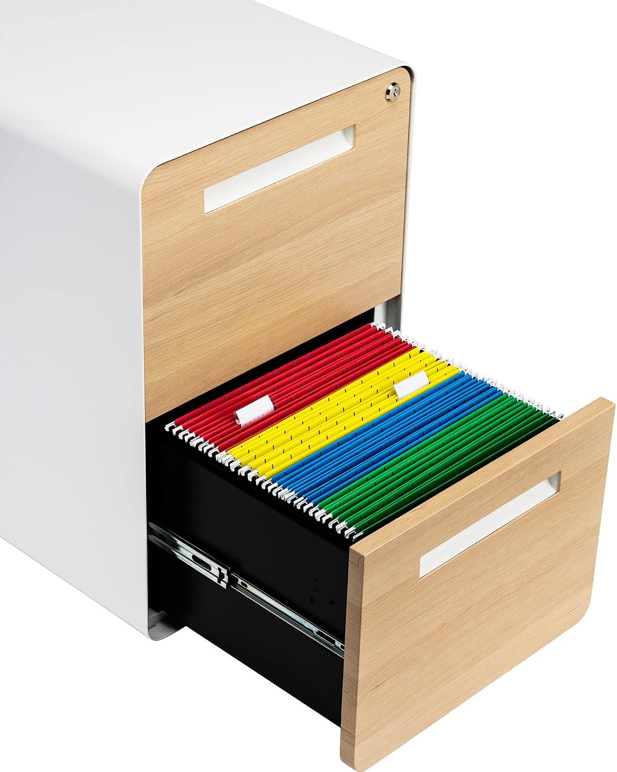 Bottom drawer open with colored hanging file folders inside and visible ball-bearing drawer glides