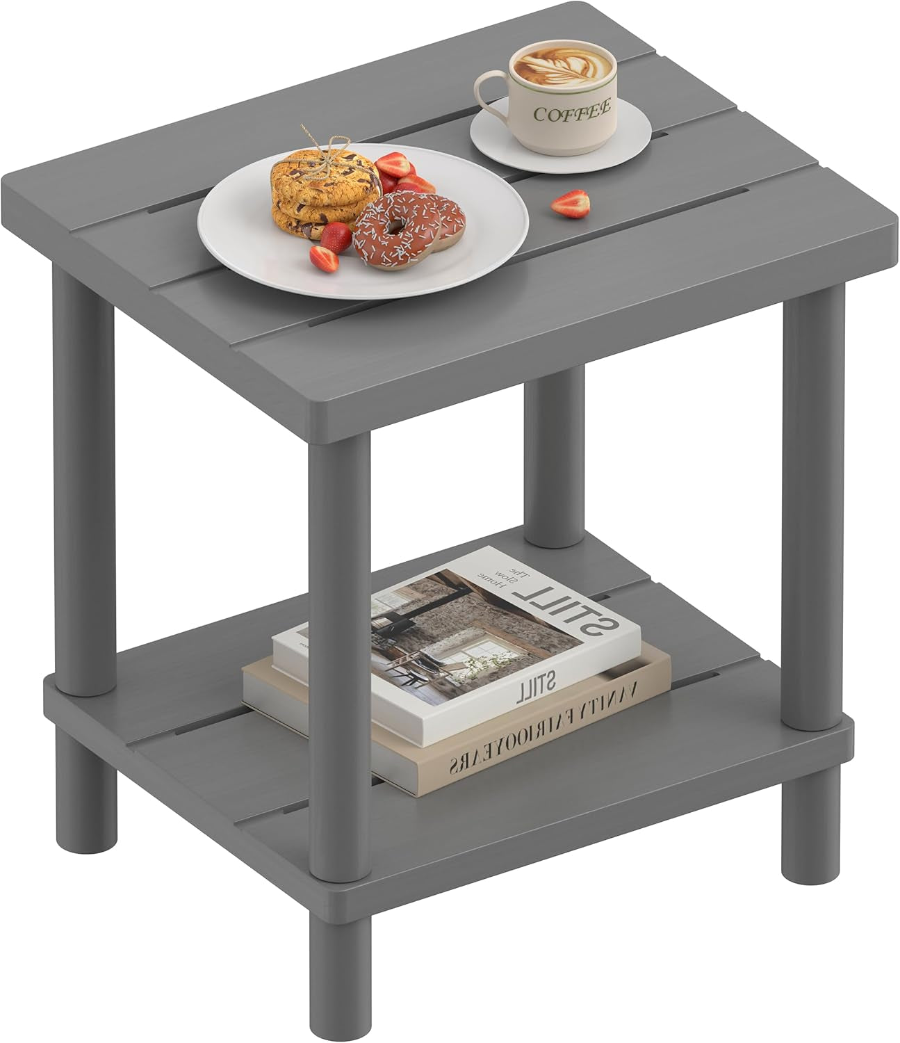 Gray small patio side table with slatted shelves and books on the lower tier