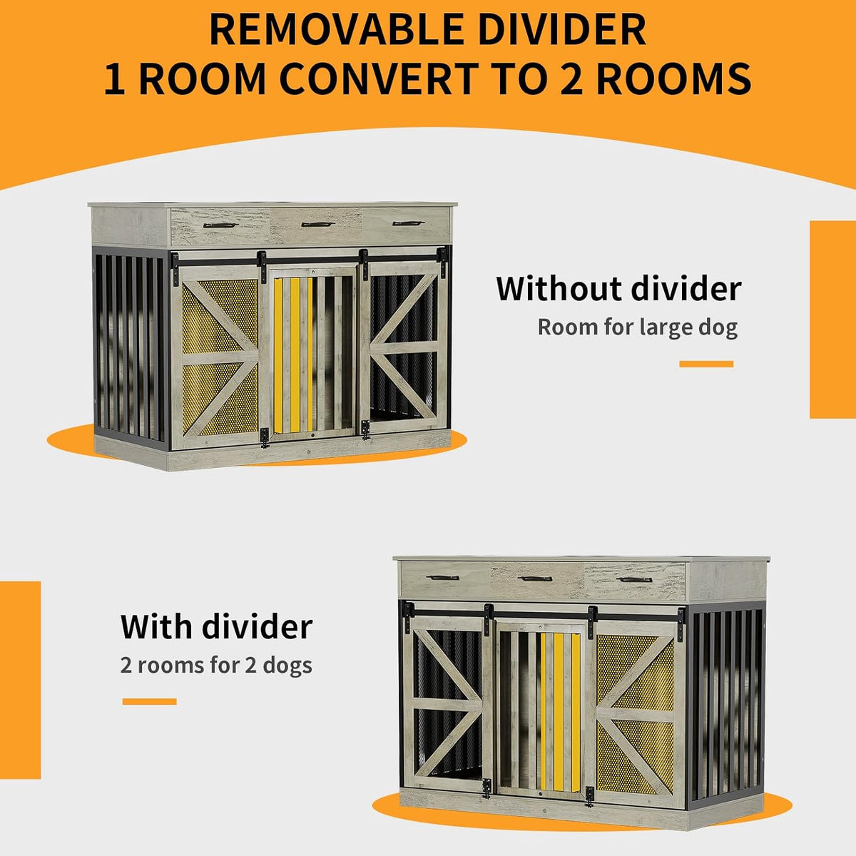Grey dog crate console with graphic showing removable divider converting one room into two rooms