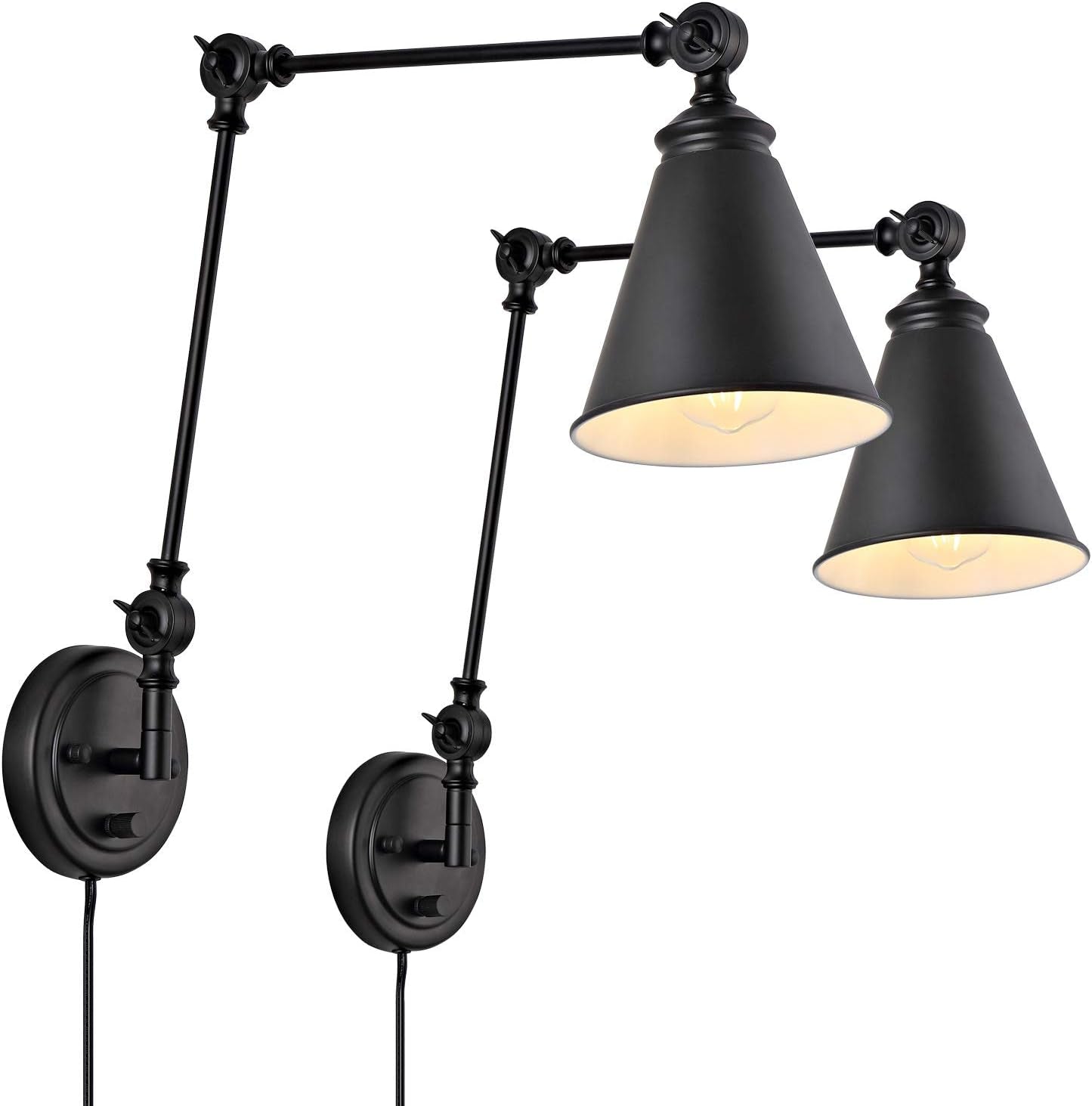 Two adjustable swing-arm wall sconces with conical shades in matte black, cords visible.