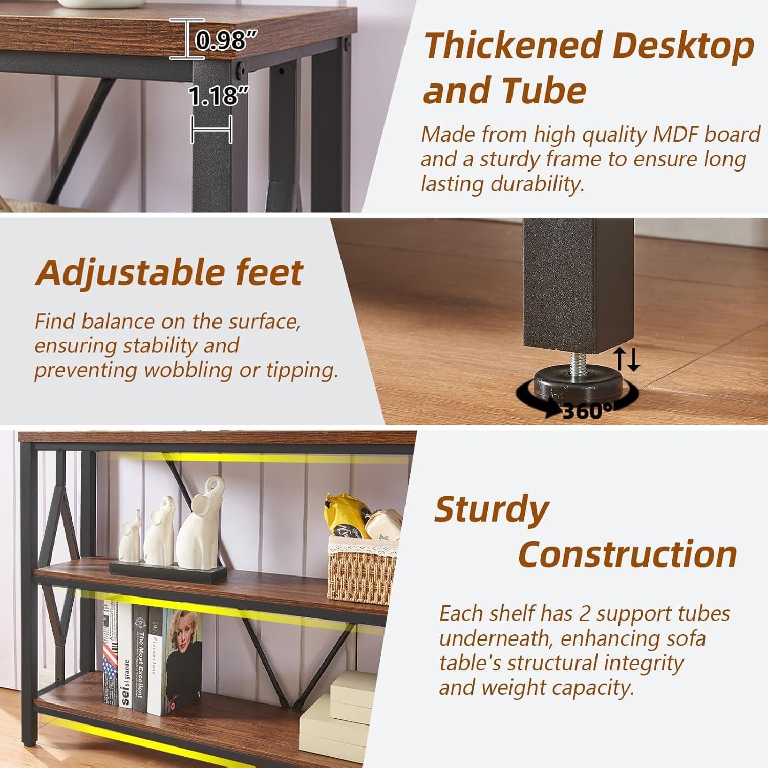 Feature collage showing table corner with tabletop thickness, adjustable foot and support tubes highlighting construction