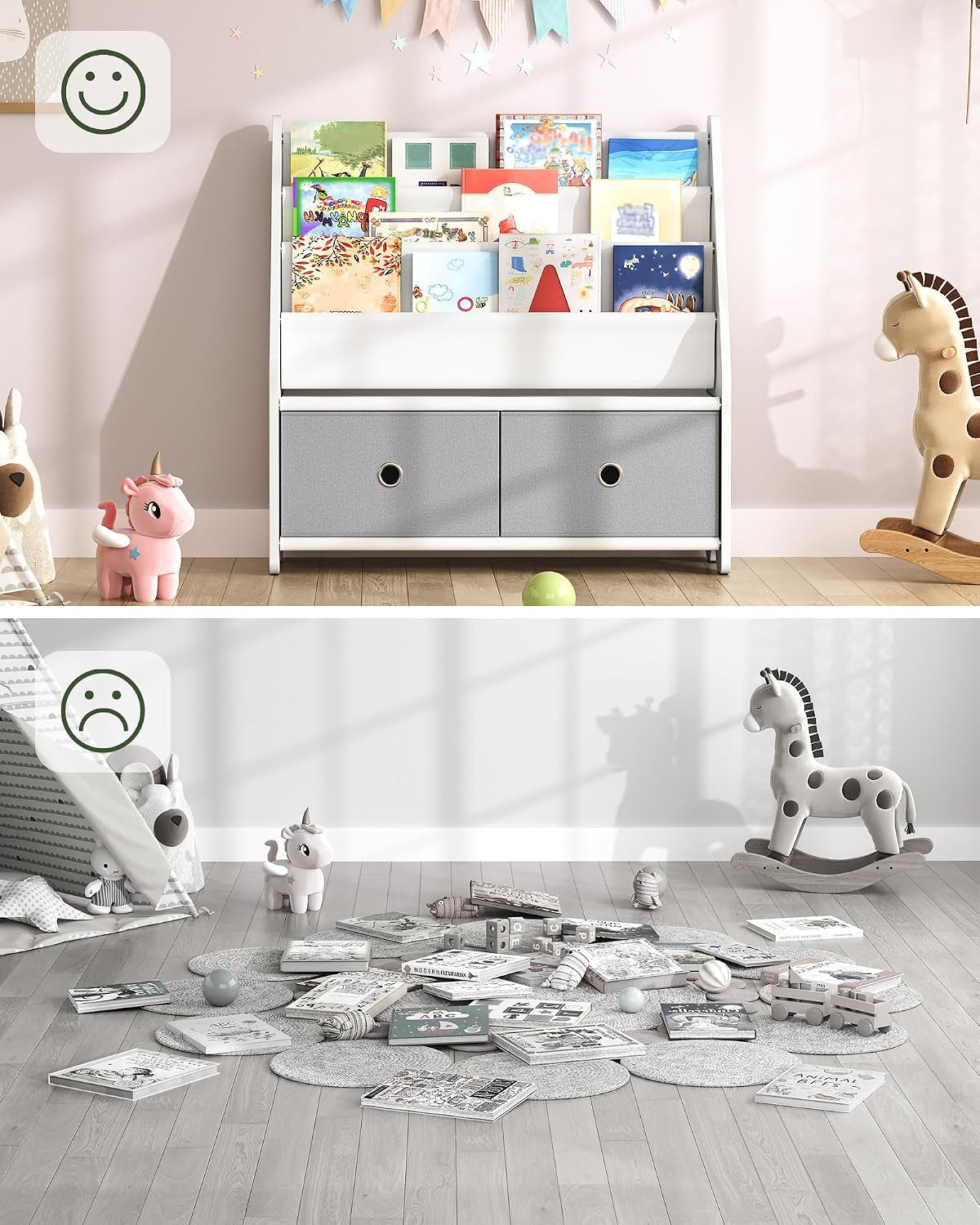 Two-panel image: top shows the organized white-and-gray book rack in a tidy nursery, bottom shows a messy floor with toys