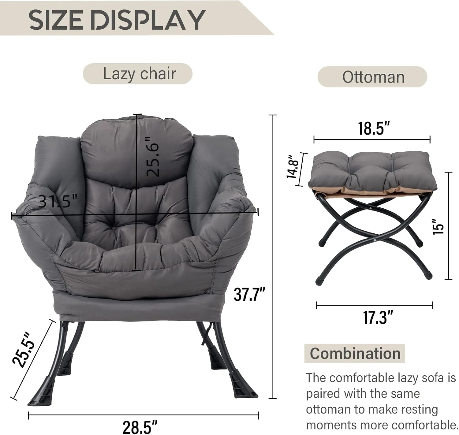 Front-facing chair and ottoman diagram showing measured dimensions against a white background.