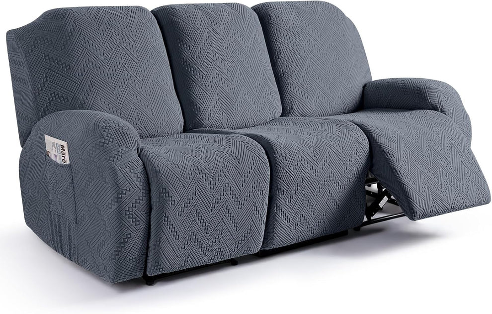Recliner Sofa Covers Recliner Chair Covers Couch Covers for Reclining Couches with Pockets Washable Furniture Protector with Elastic Bottom (3 Seater, Grey)