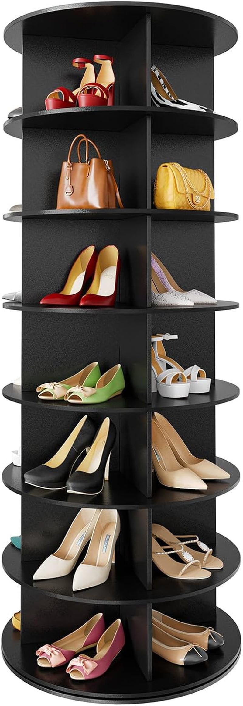Angled front view of the black rotating shoe tower showing vertical dividers and displayed shoes