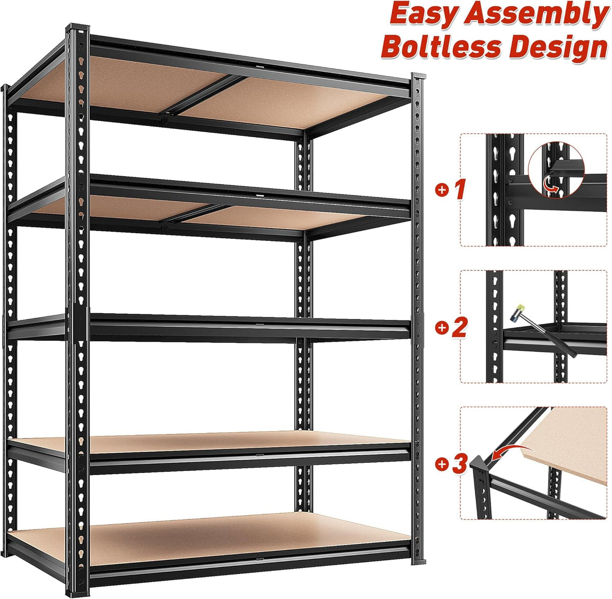 Front view of an empty five-tier boltless shelving frame with inset illustrations of assembly steps