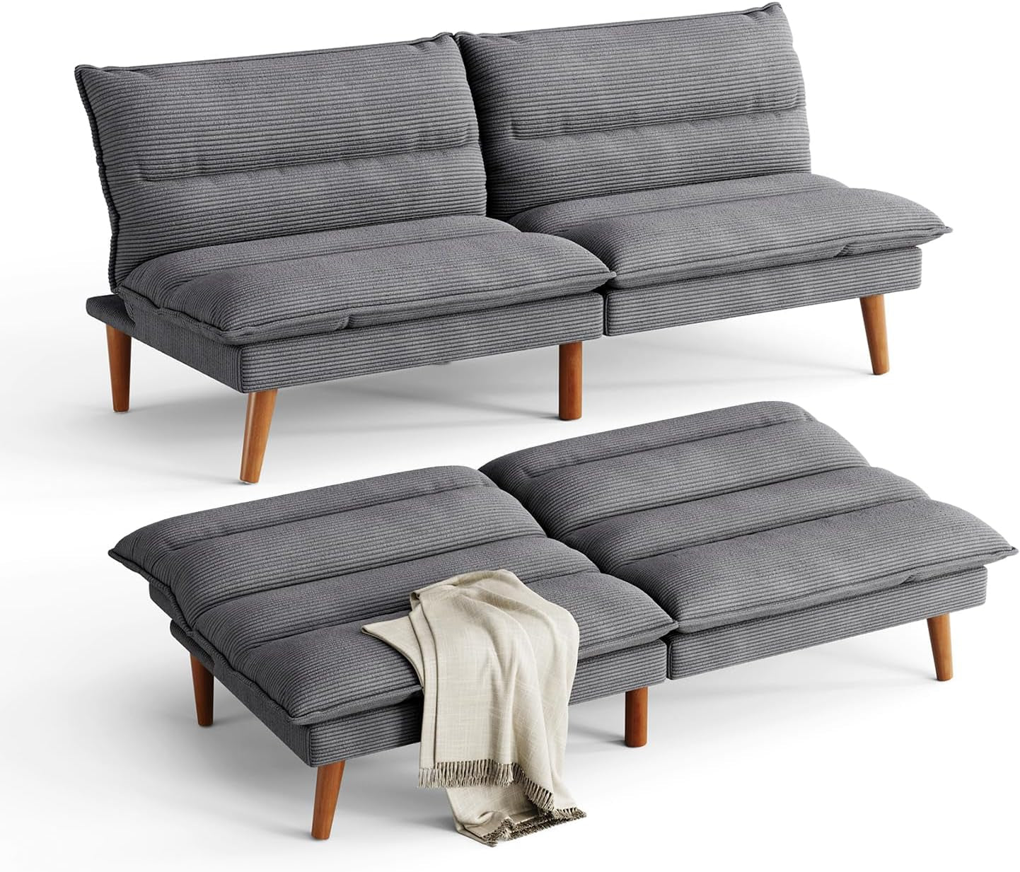 Gray corduroy futon shown as a two-seat sofa above and converted flat into a low bed below with wooden legs.