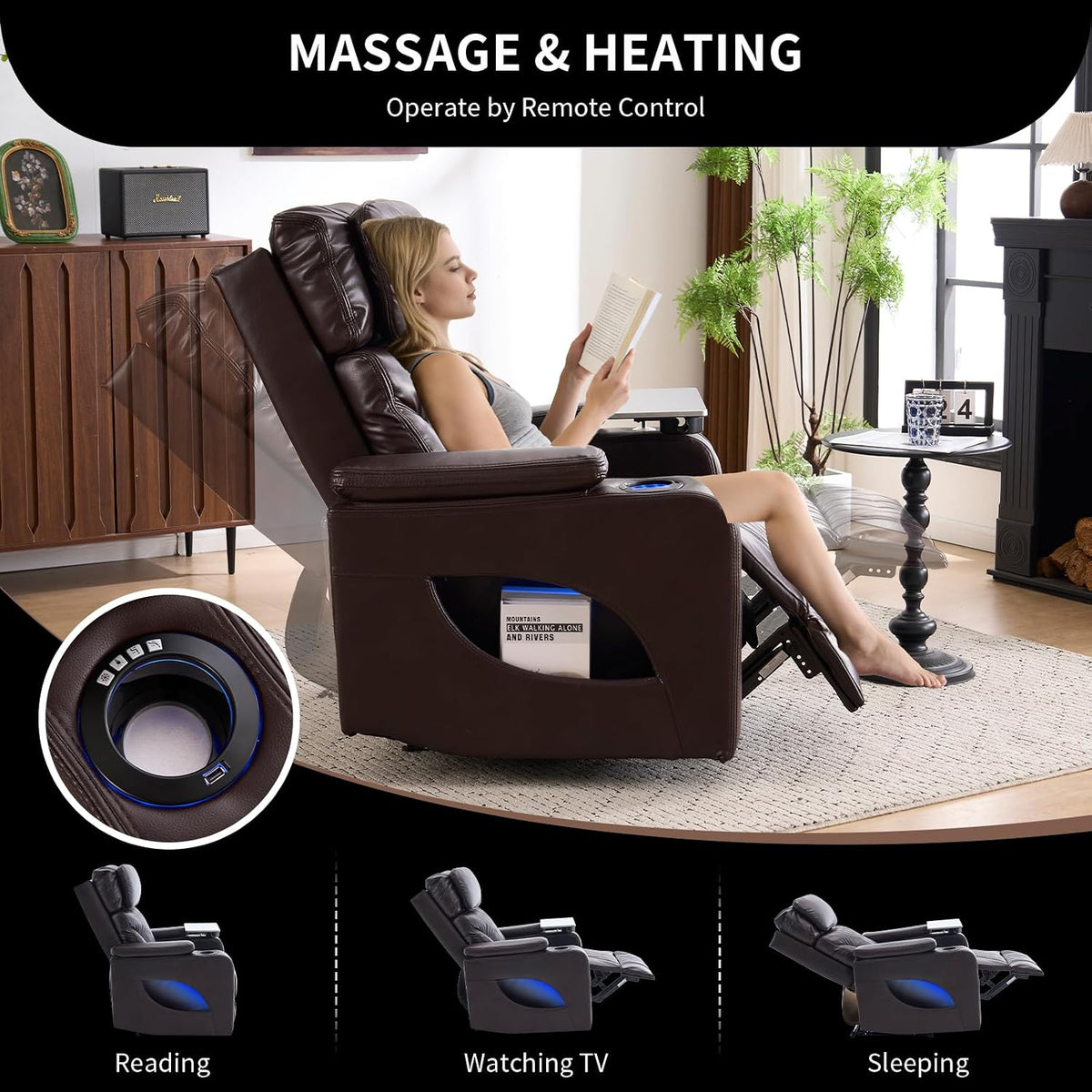 Side view of a woman reclining and reading in the brown chair, with cup holder close-up and mode icons below.