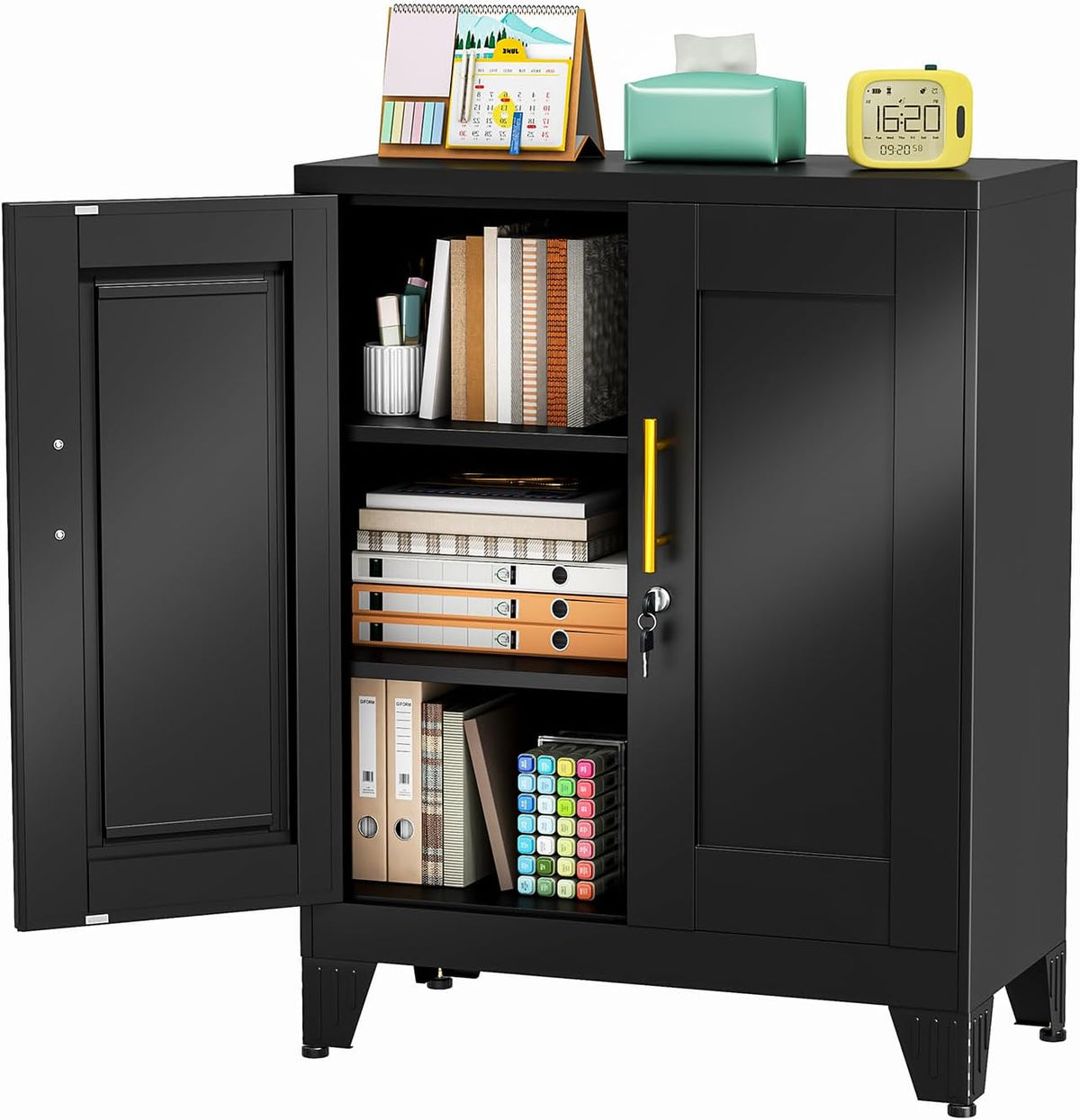 Short black metal cabinet with both doors open, three interior shelves filled with books, binders and desk items.