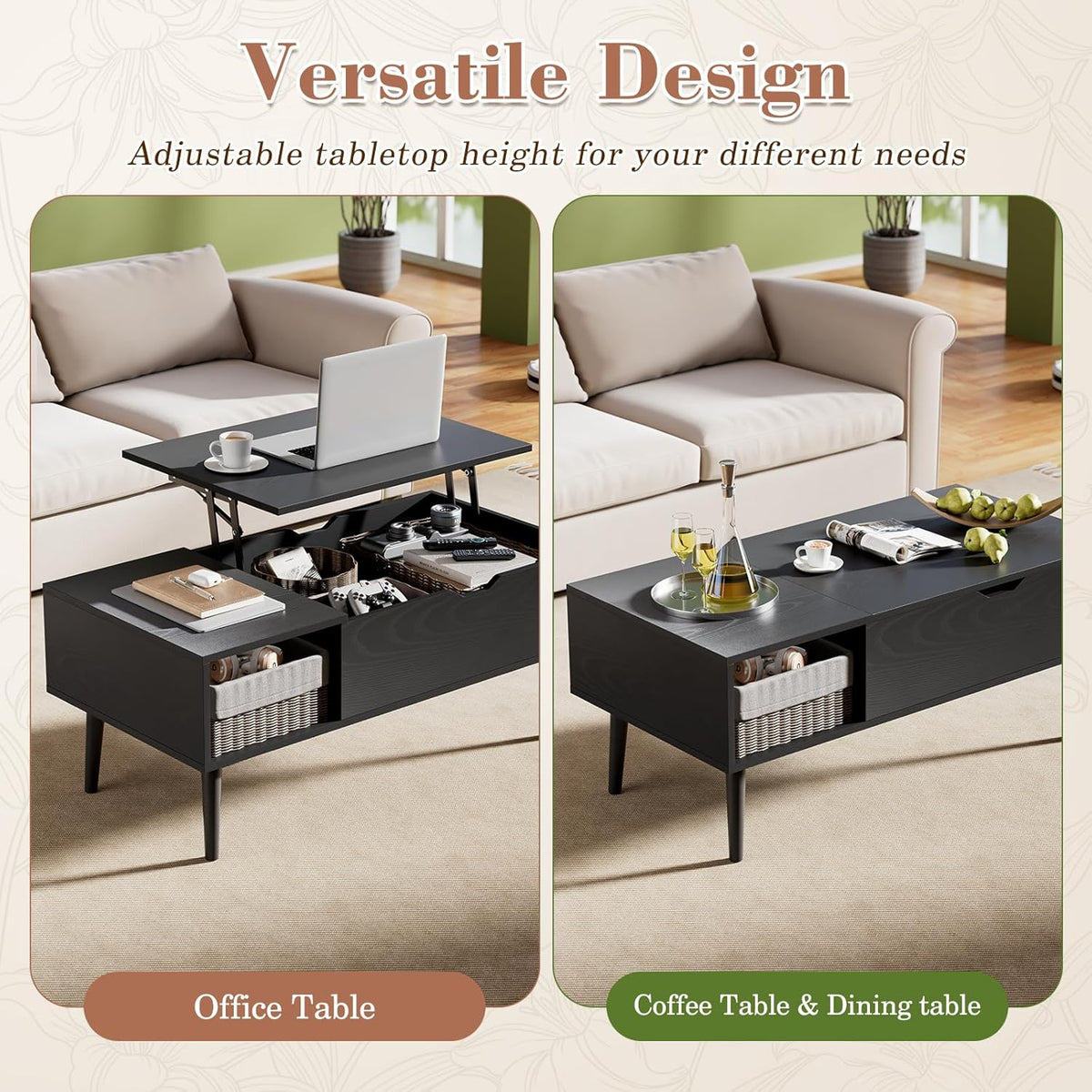 Two-scene render showing the table used as a raised office surface and as a standard coffee table