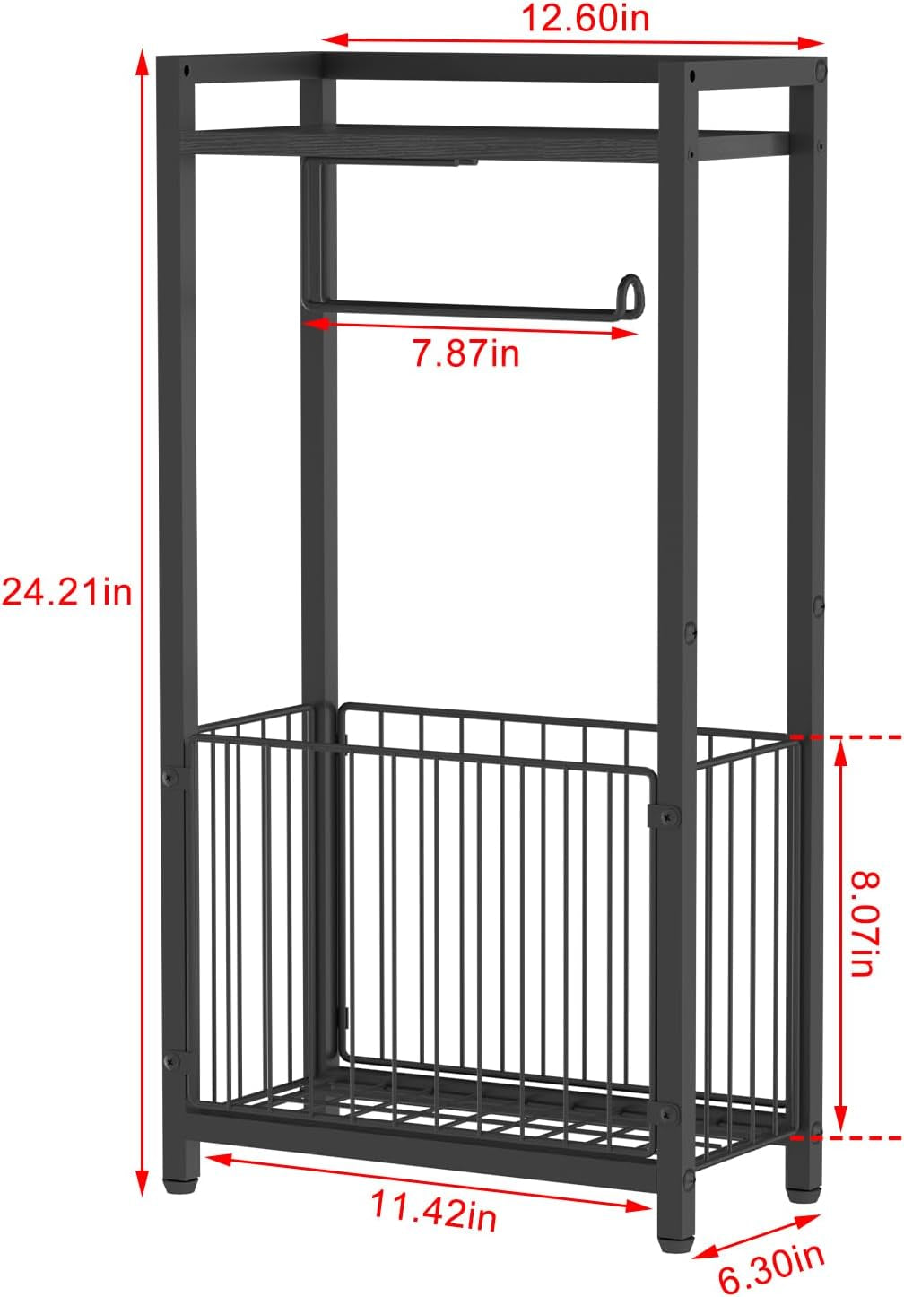 Diagram of the toilet paper holder with red arrows marking measurements for height, shelf depth, spindle length and basket