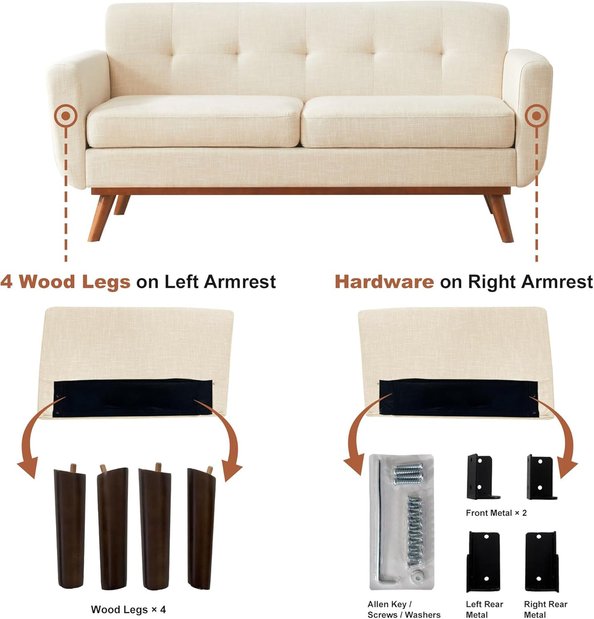 Front view of beige loveseat with callouts showing four wooden legs and separate hardware pieces below.