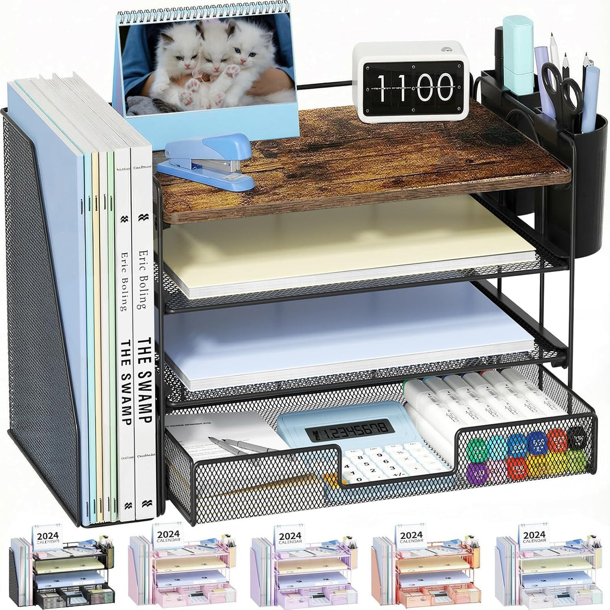 Close-up front view of a black mesh 4-tier desktop organizer with wood top holding papers, a calculator and pens.