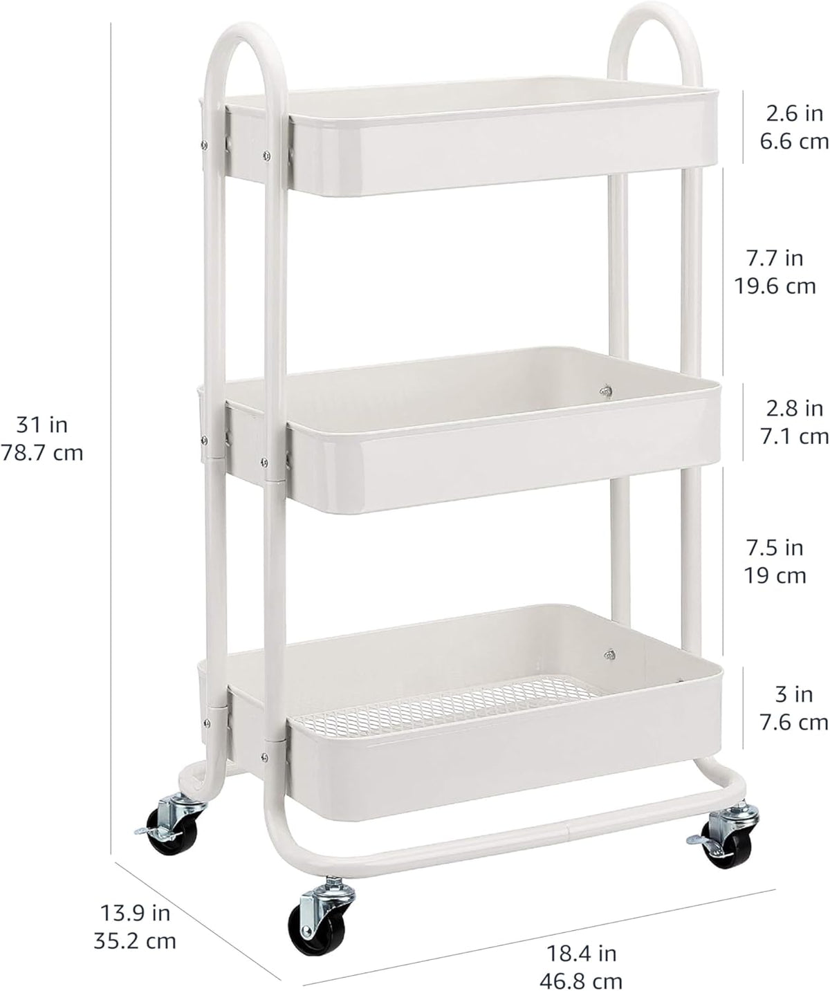 Three-tier white rolling cart shown at an angle with dimension callouts on a white background.
