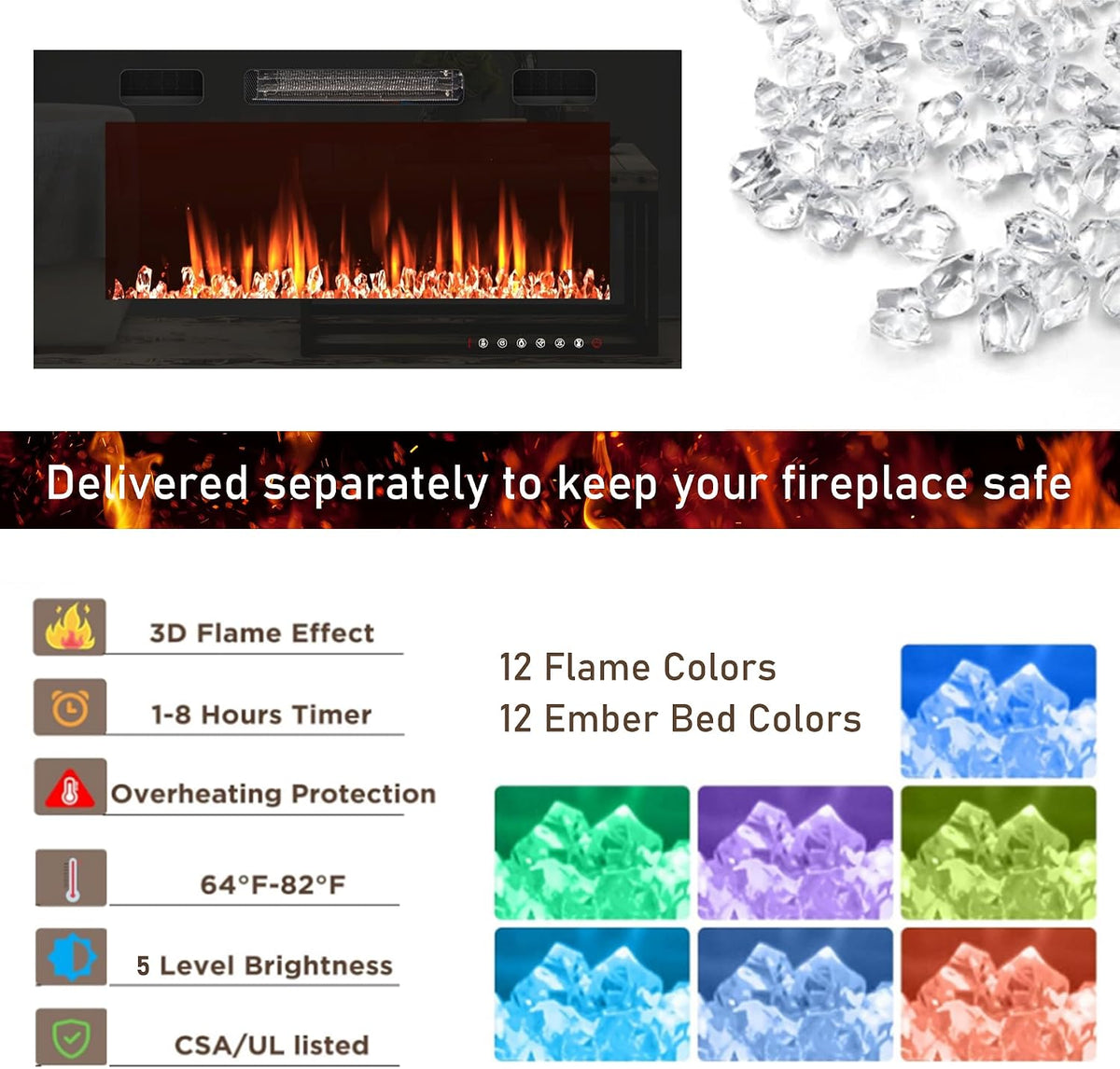 Close-up of the electric fireplace insert showing 3D flame effect and clear crystal ember bed