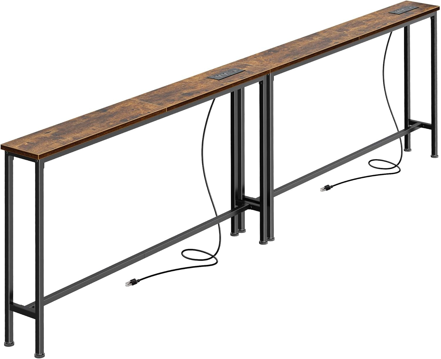 Two slim console tables in a row with rustic brown tops and black metal frames, cords visible.