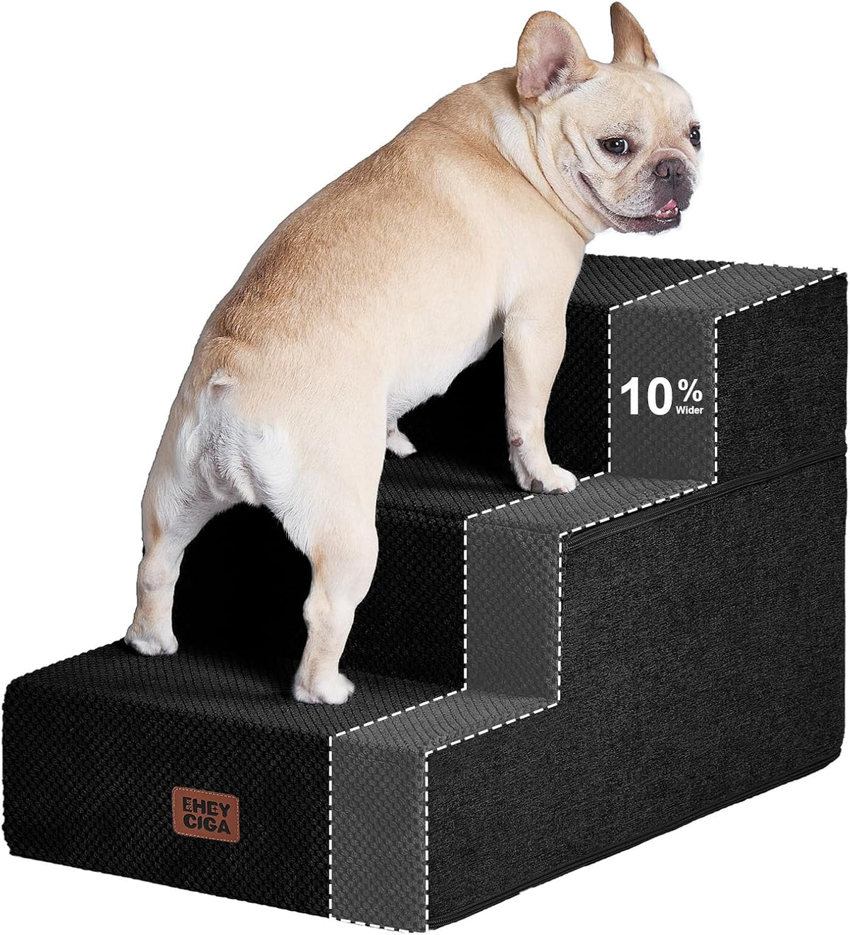 Angled close-up of black textured four-step stairs with dashed outline on the risers and a small cream dog on the steps