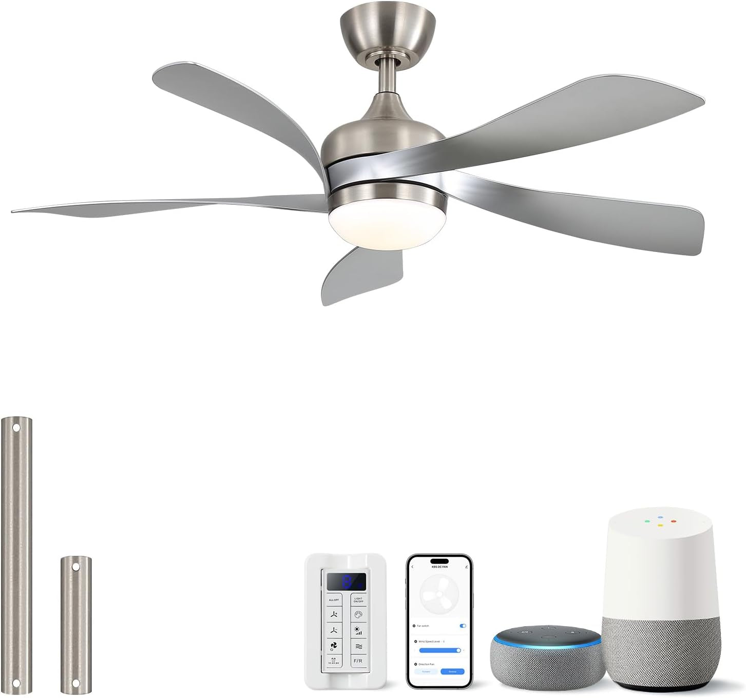 Brushed nickel 52" ceiling fan with five curved silver blades and round LED light