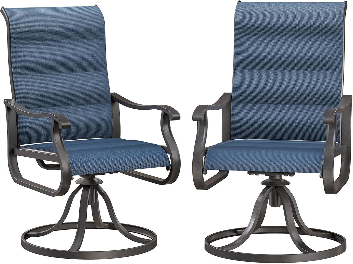 Pair of blue-textilene swivel rocking patio chairs with dark metal frames on white background