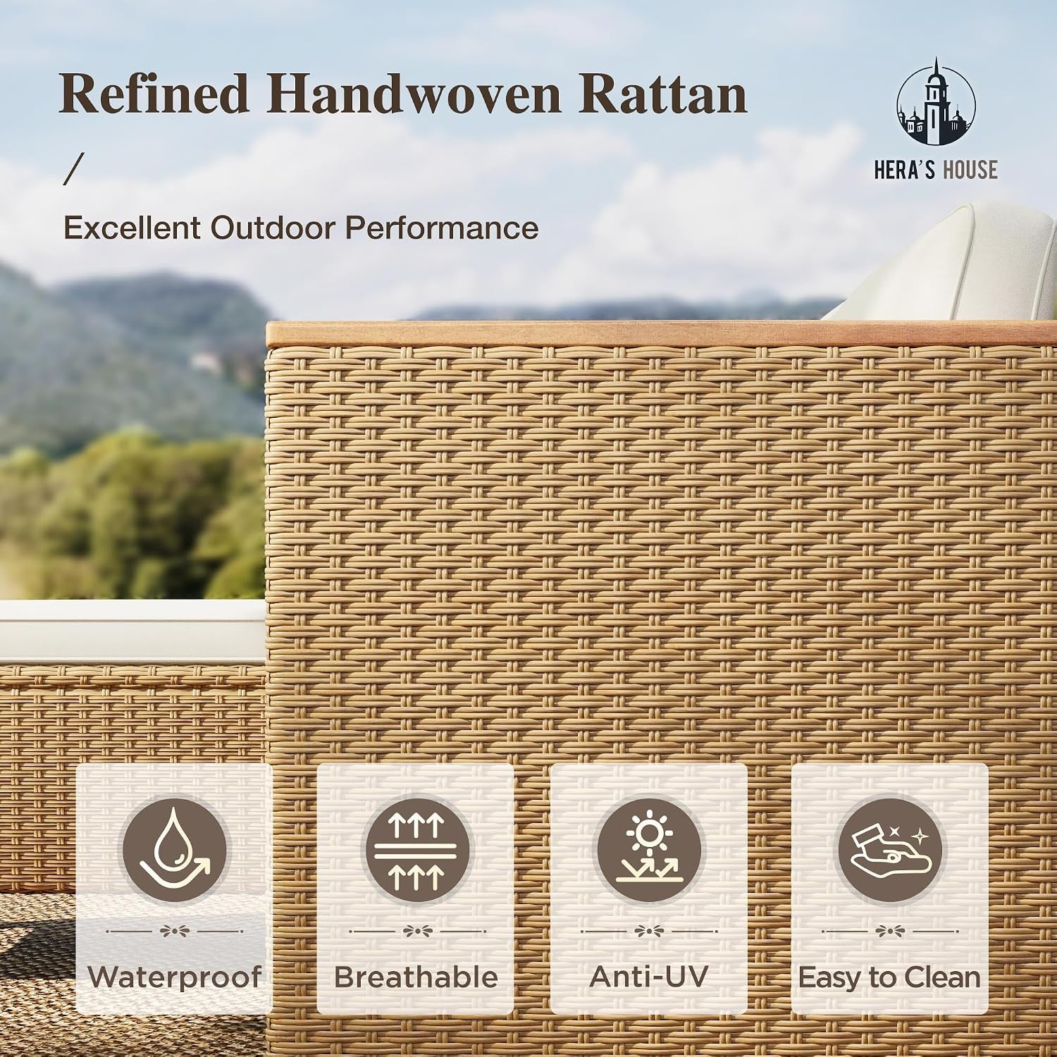 Close-up of tan handwoven PE rattan weave with icons highlighting waterproof and UV-resistant features