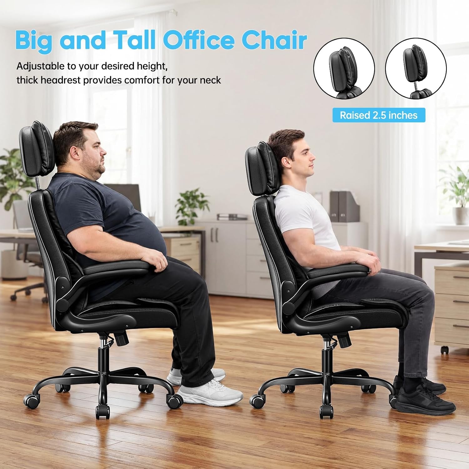 Side-by-side demonstration of big-and-tall users seated on the chair showing raised headrest positions