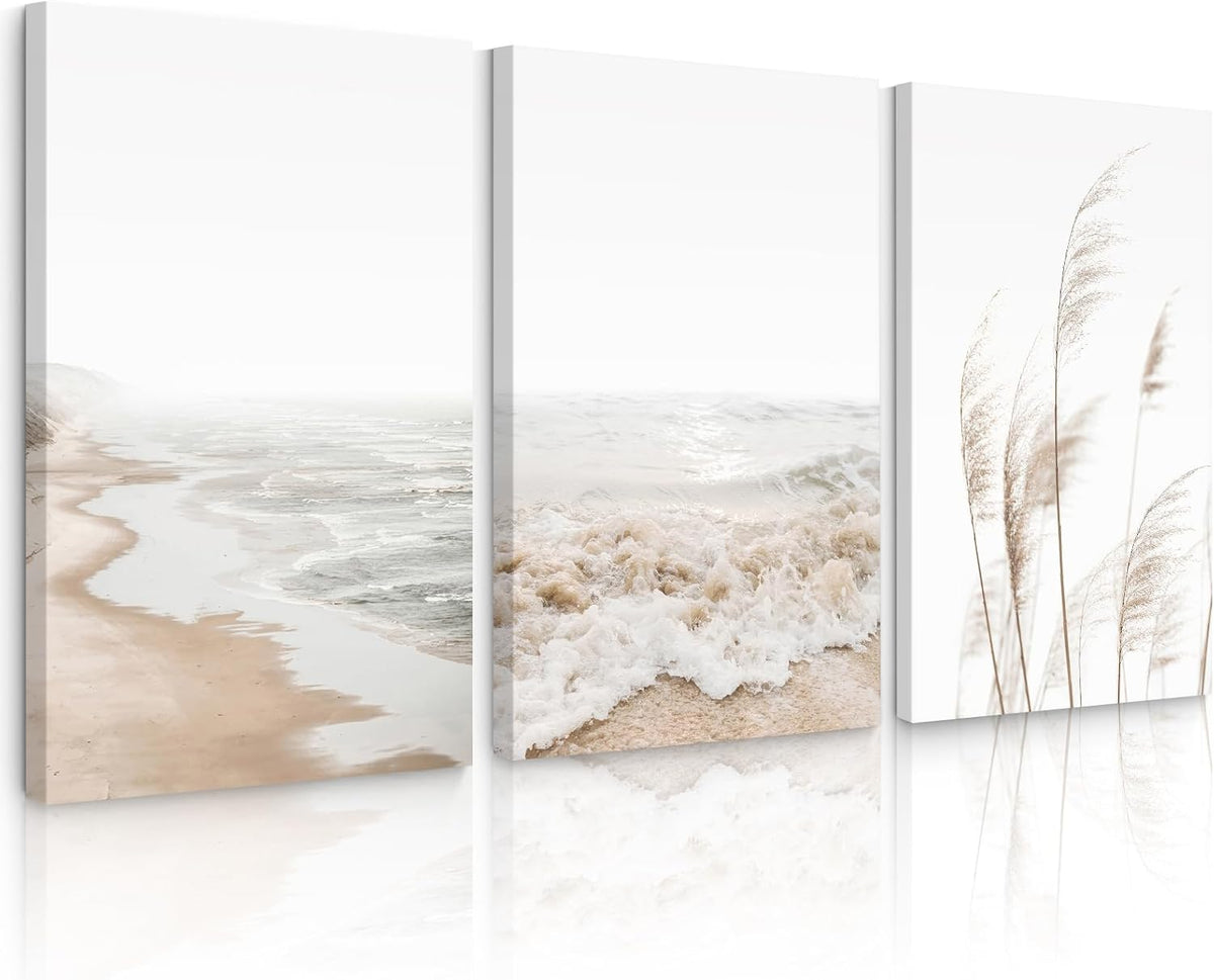 Three vertical canvases forming a serene coastal scene: sandy shore, breaking waves, and tall beach grasses.