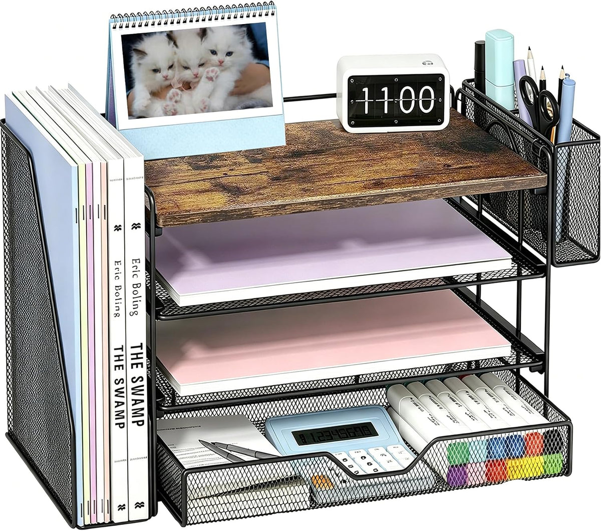 Front studio shot of black 4-tier mesh file sorter holding papers, calculator and markers