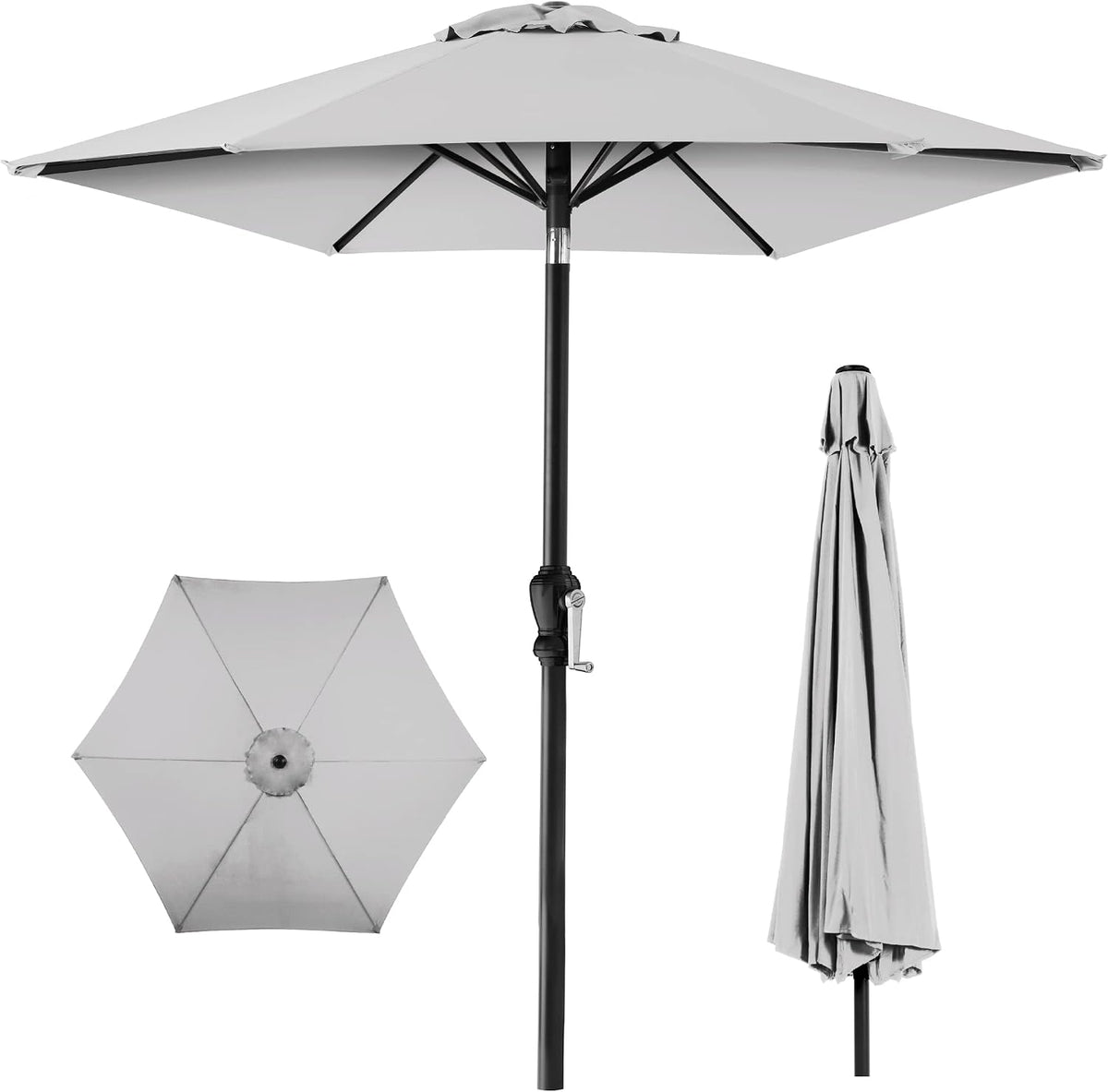 Front view of a gray 10 ft patio umbrella open and folded, showing black pole and crank