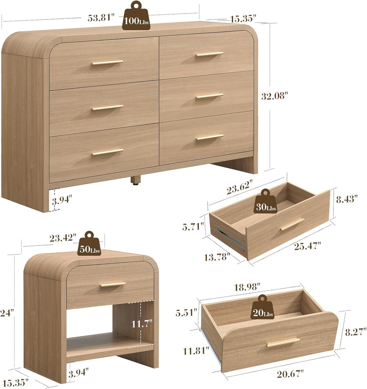 Technical diagram showing dresser and nightstand dimensions with drawer measurements and capacity icons