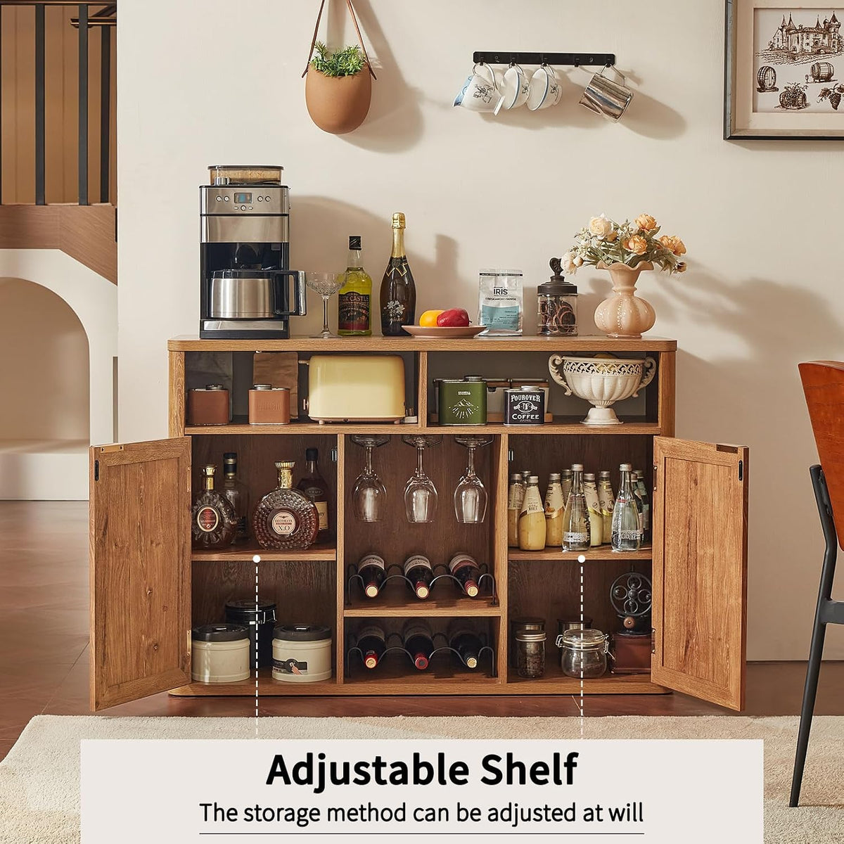 Interior view with cabinet doors open showing adjustable shelves, bottles and wine glass rack