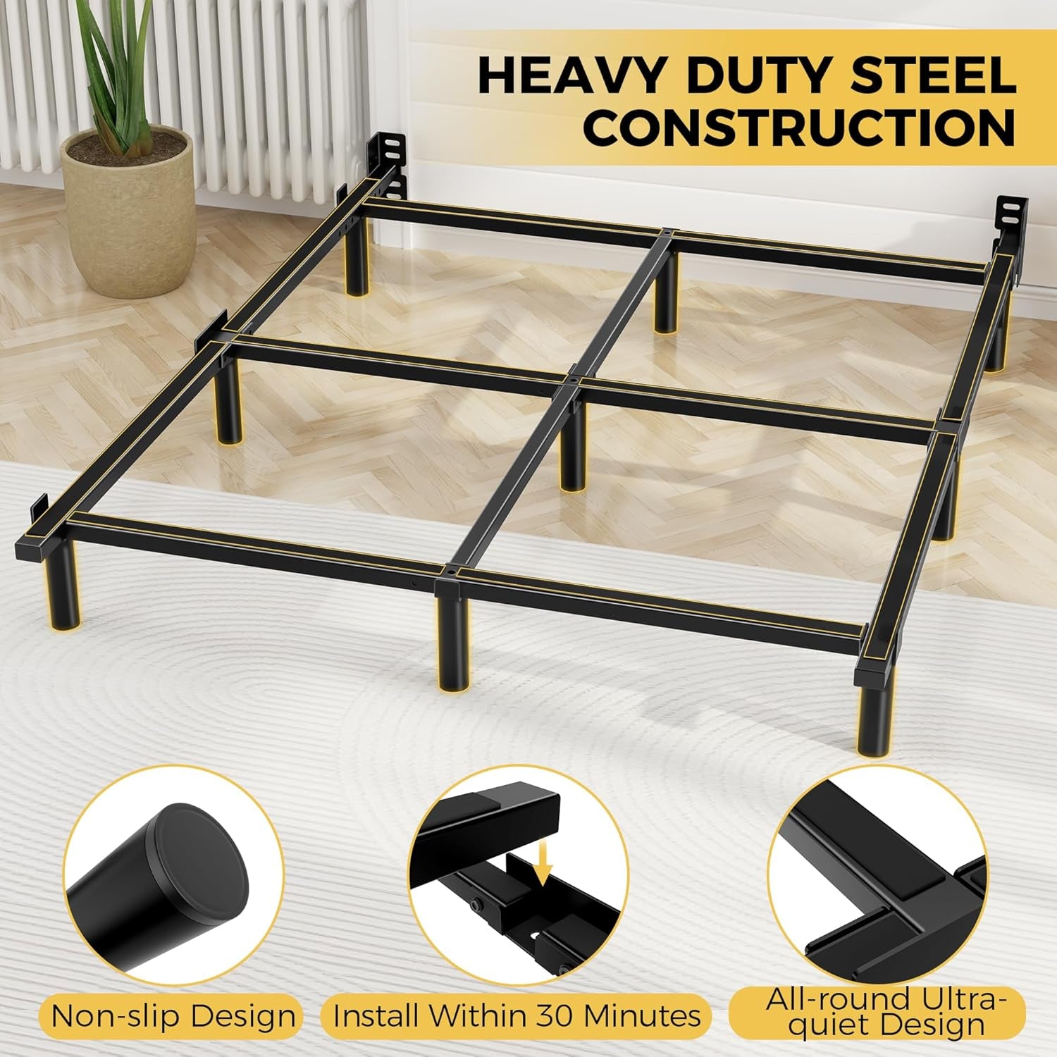 Three-quarter overhead view of black steel frame highlighting center beams and round support legs