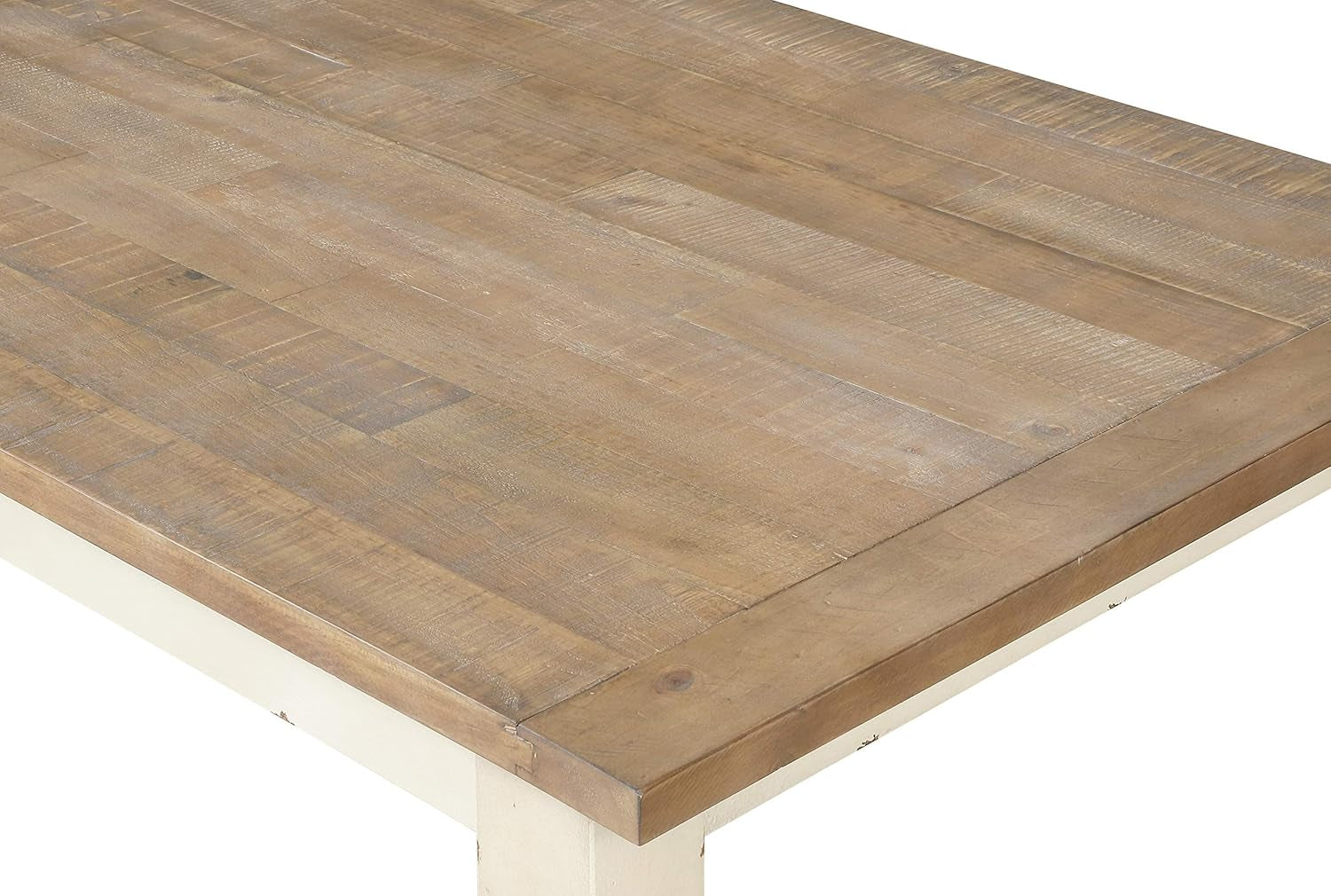 Close-up of the distressed oak tabletop showing pine veneer texture and edge detail