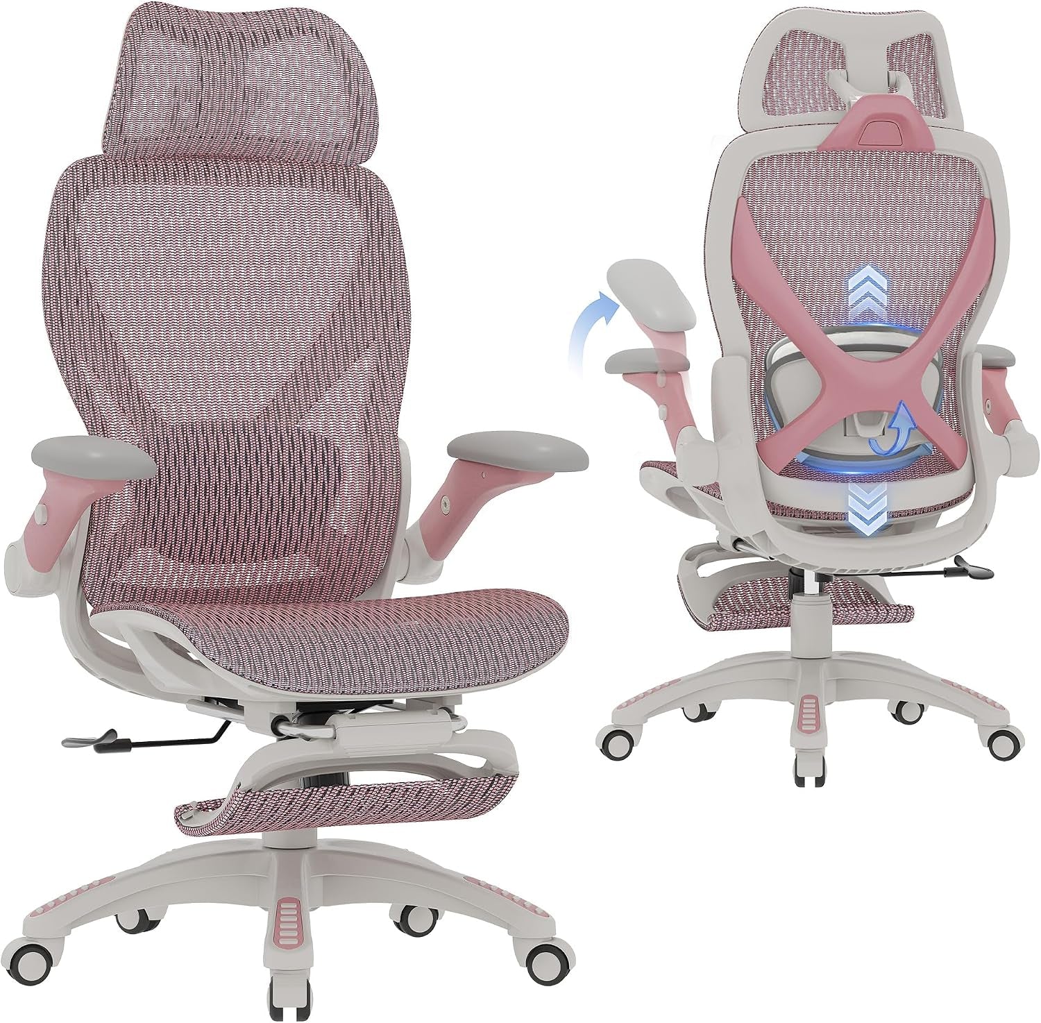 Composite of pink-mesh ergonomic chair: left angled front with footrest down, right rear showing headrest and wheelbase