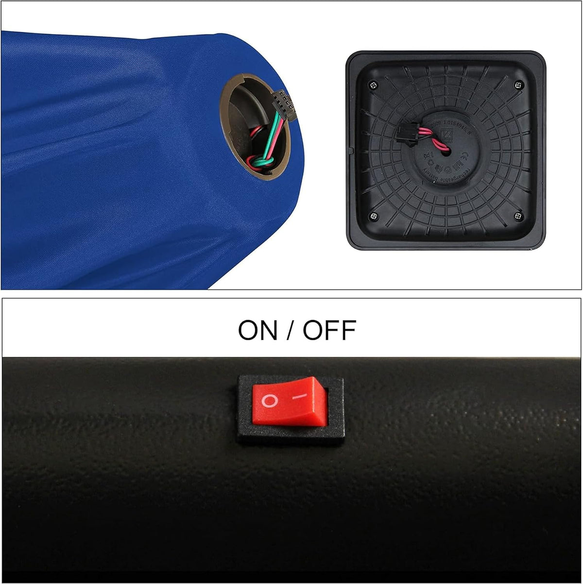 Close-up panels show the umbrella solar panel housing and red on-off switch